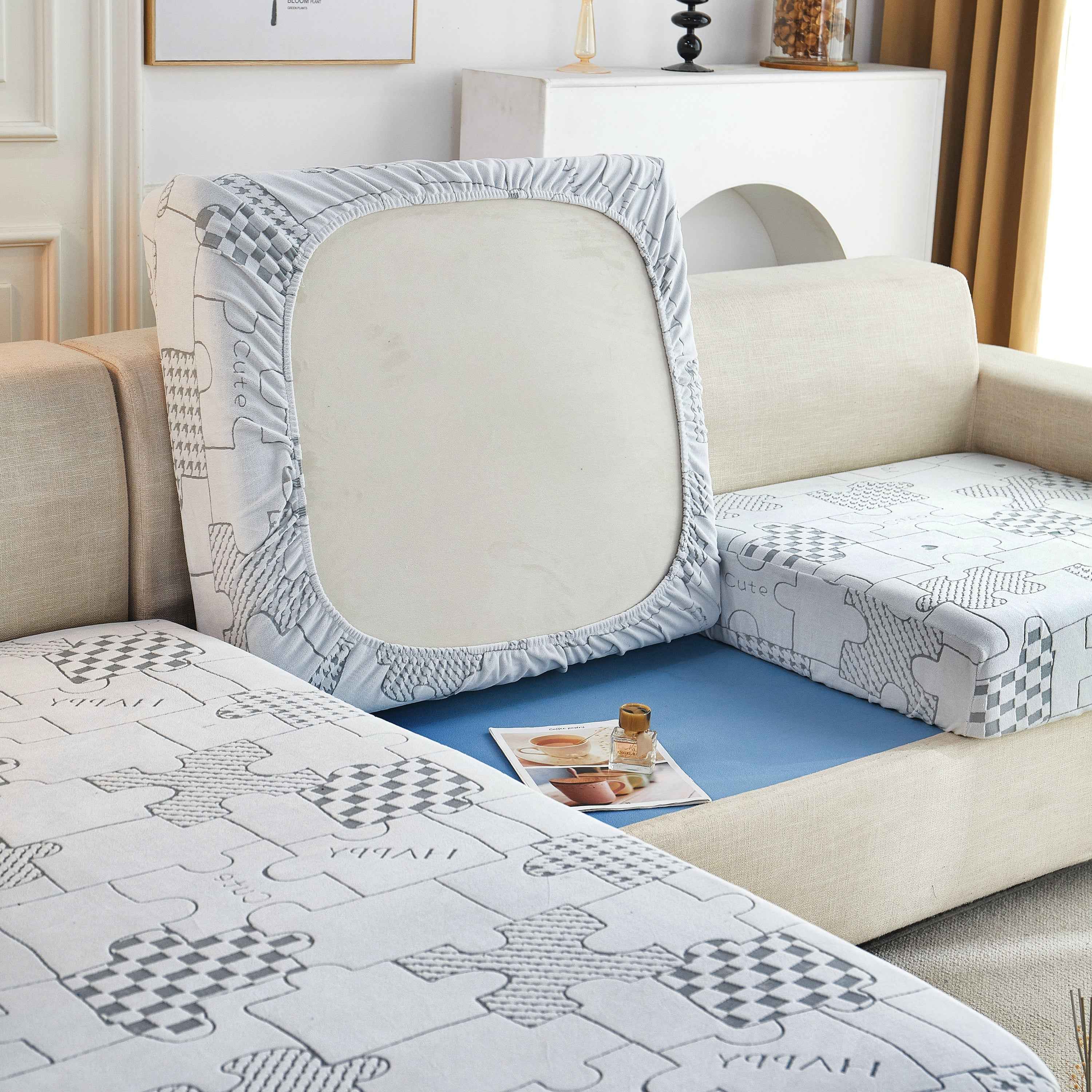 Happy Puzzle Jacquard Fleece Stretchable Cushion Cover, Non-Slip L Shaped Couch Covers for Pets