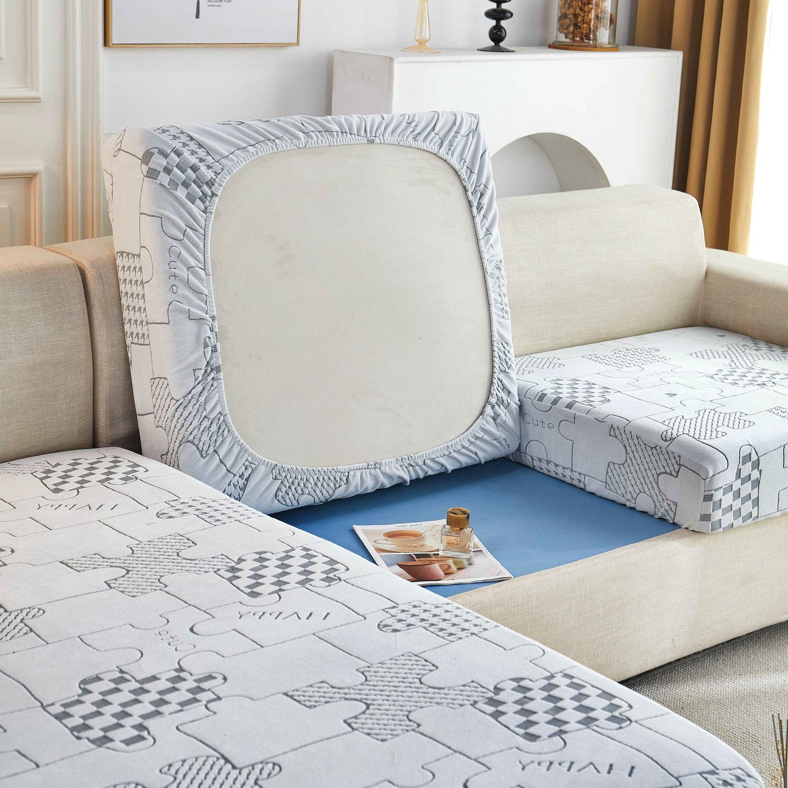 Happy Puzzle Jacquard Fleece Stretchable Cushion Cover, Non-Slip L Shaped Couch Covers for Pets