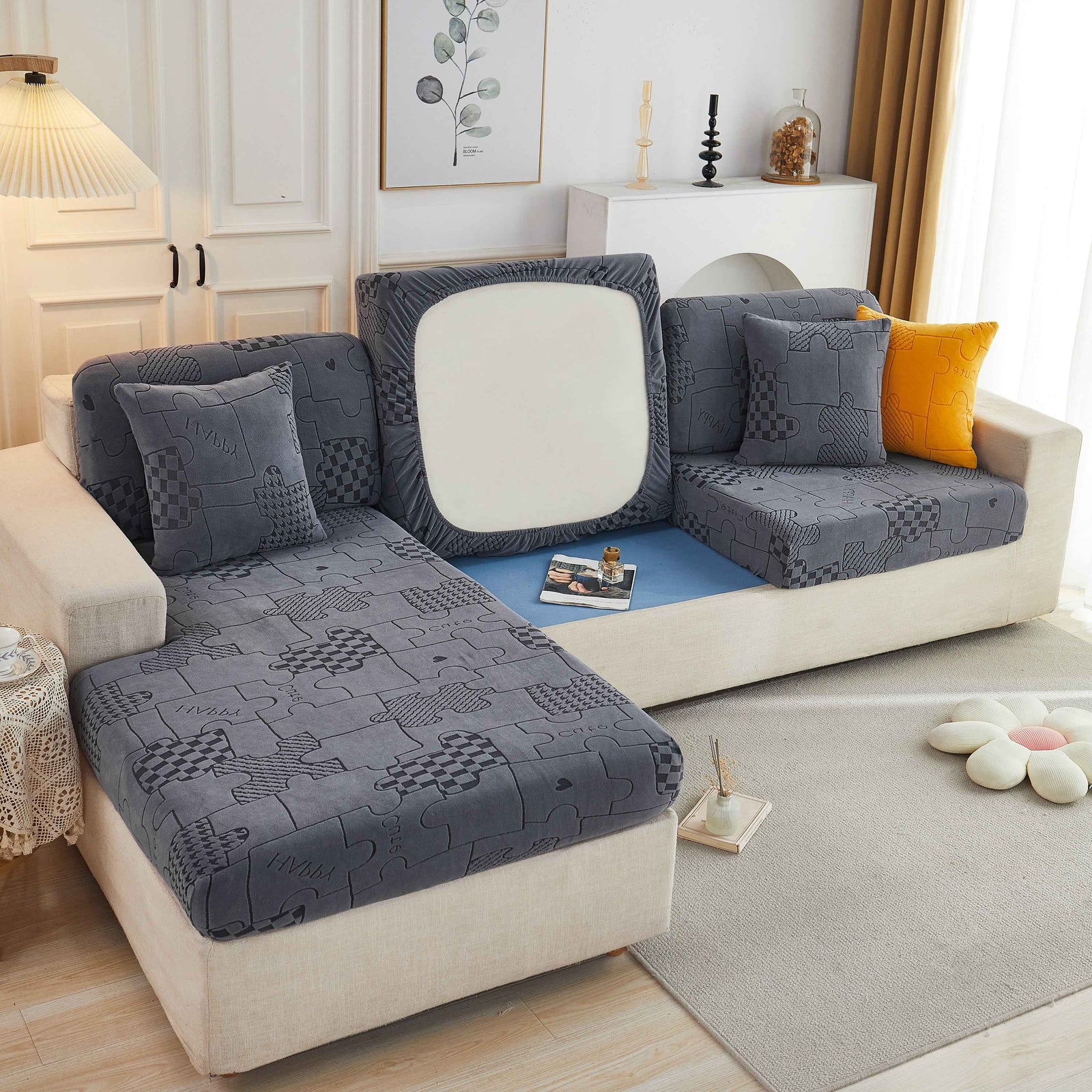 Happy Puzzle Jacquard Fleece Stretchable Cushion Cover, Non-Slip L Shaped Couch Covers for Pets