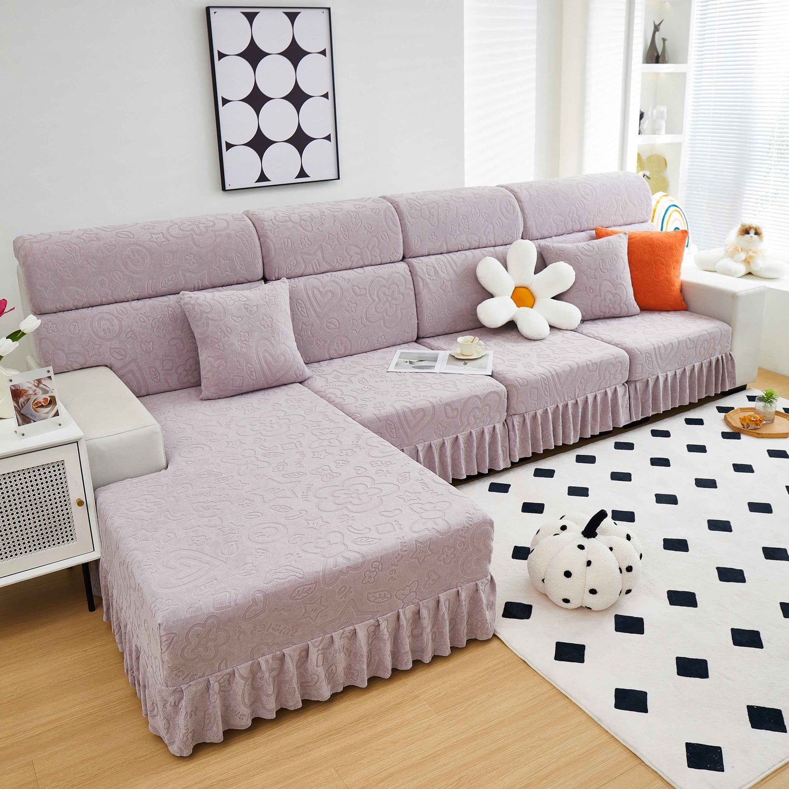 Elastic Skirted Couch Cushion Covers for 1/2/3/4-Seater Sofas, Furniture Protector for Pets, Kids