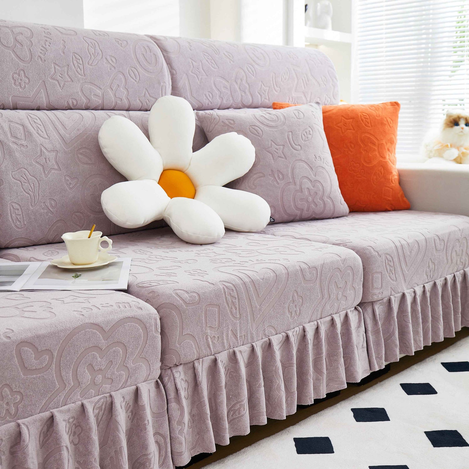 Elastic Skirted Couch Cushion Covers for 1/2/3/4-Seater Sofas, Furniture Protector for Pets, Kids