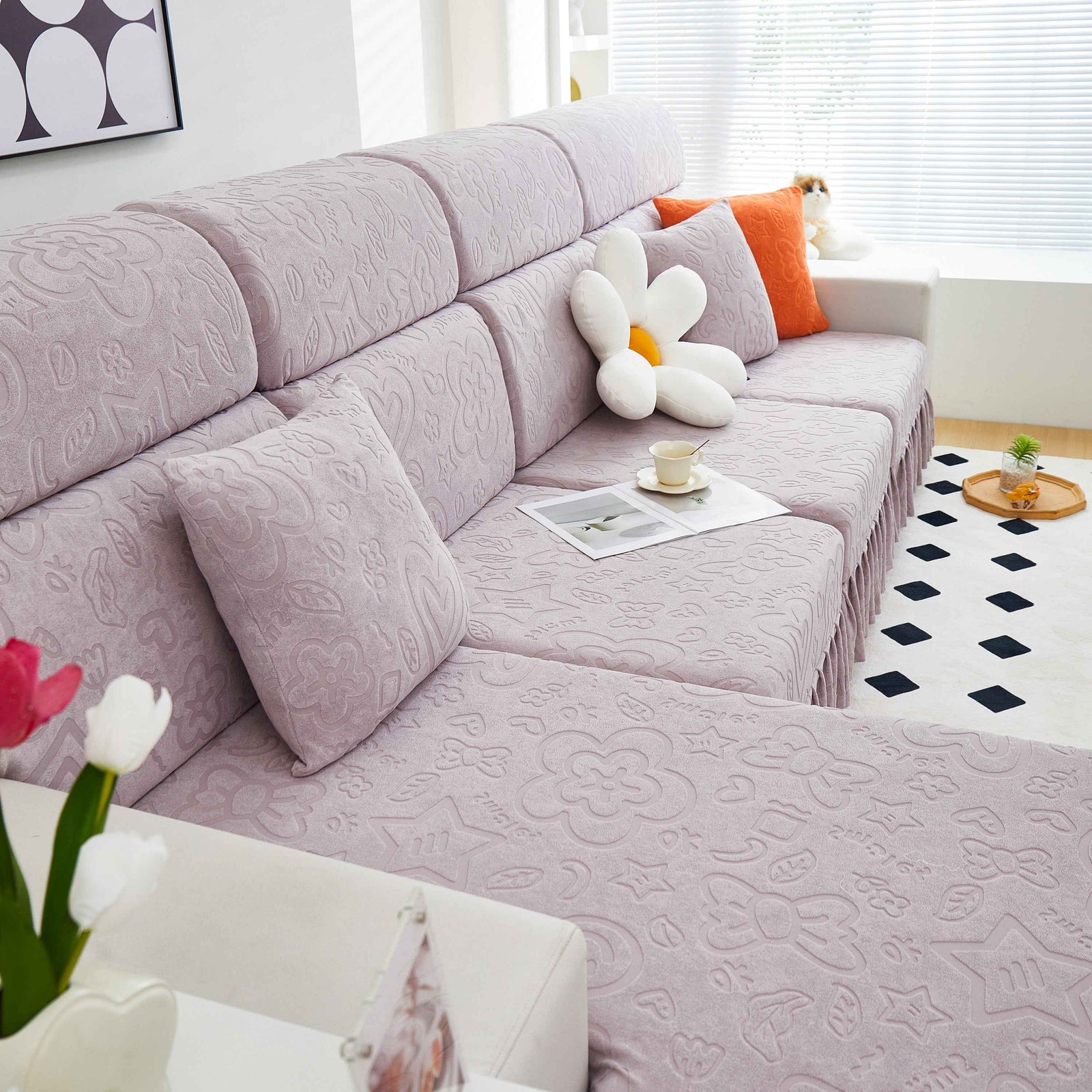 Elastic Skirted Couch Cushion Covers for 1/2/3/4-Seater Sofas, Furniture Protector for Pets, Kids