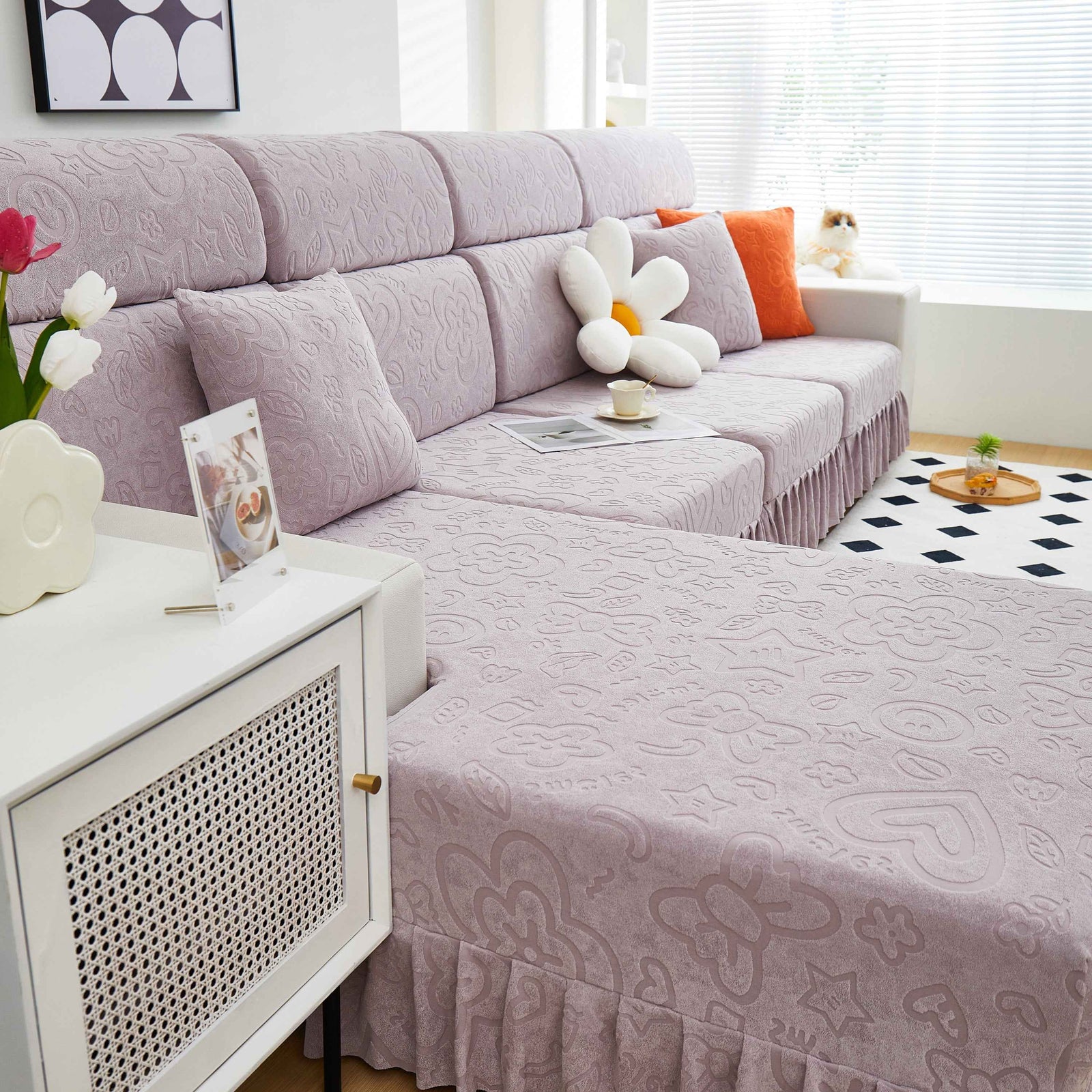 Elastic Skirted Couch Cushion Covers for 1/2/3/4-Seater Sofas, Furniture Protector for Pets, Kids