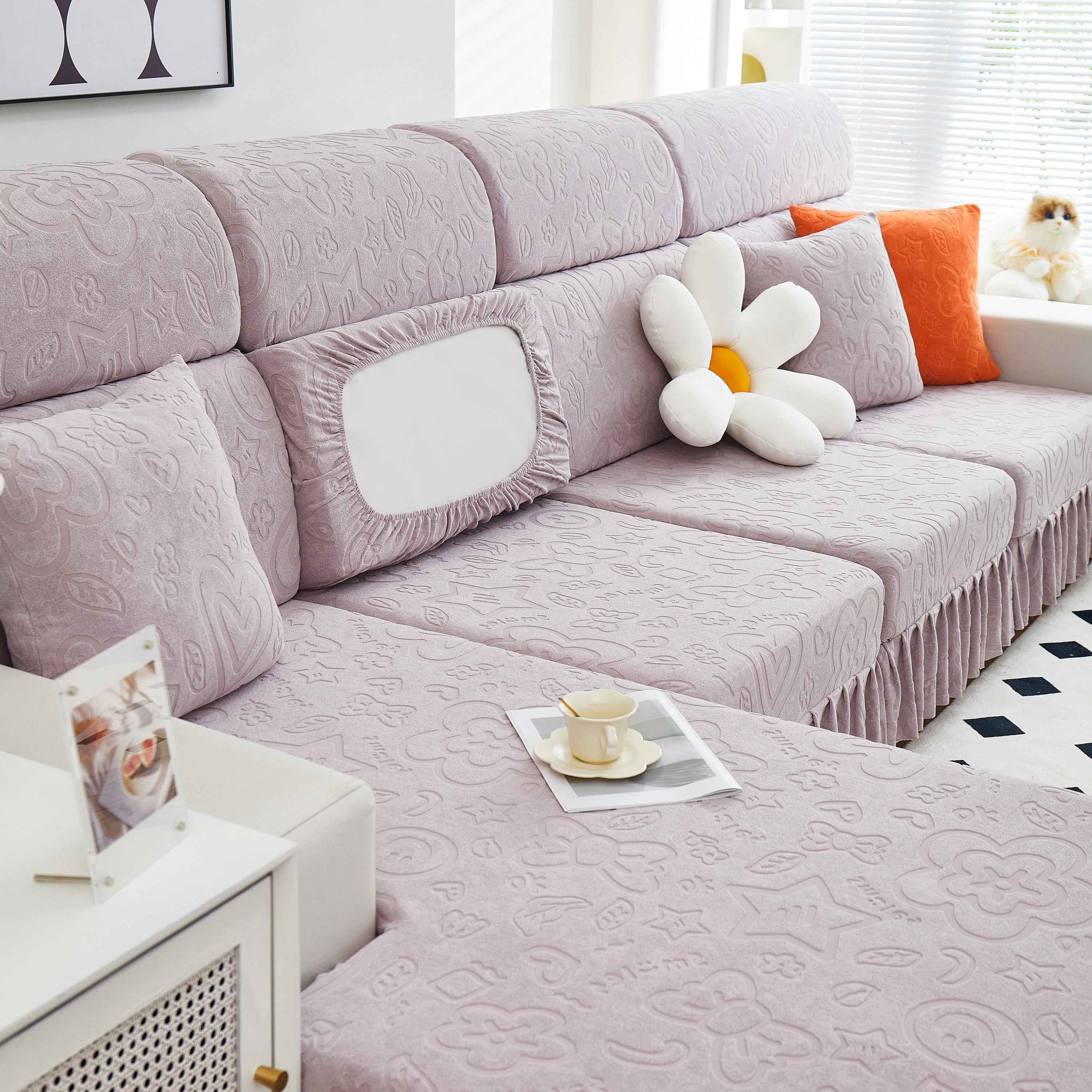 Elastic Skirted Couch Cushion Covers for 1/2/3/4-Seater Sofas, Furniture Protector for Pets, Kids