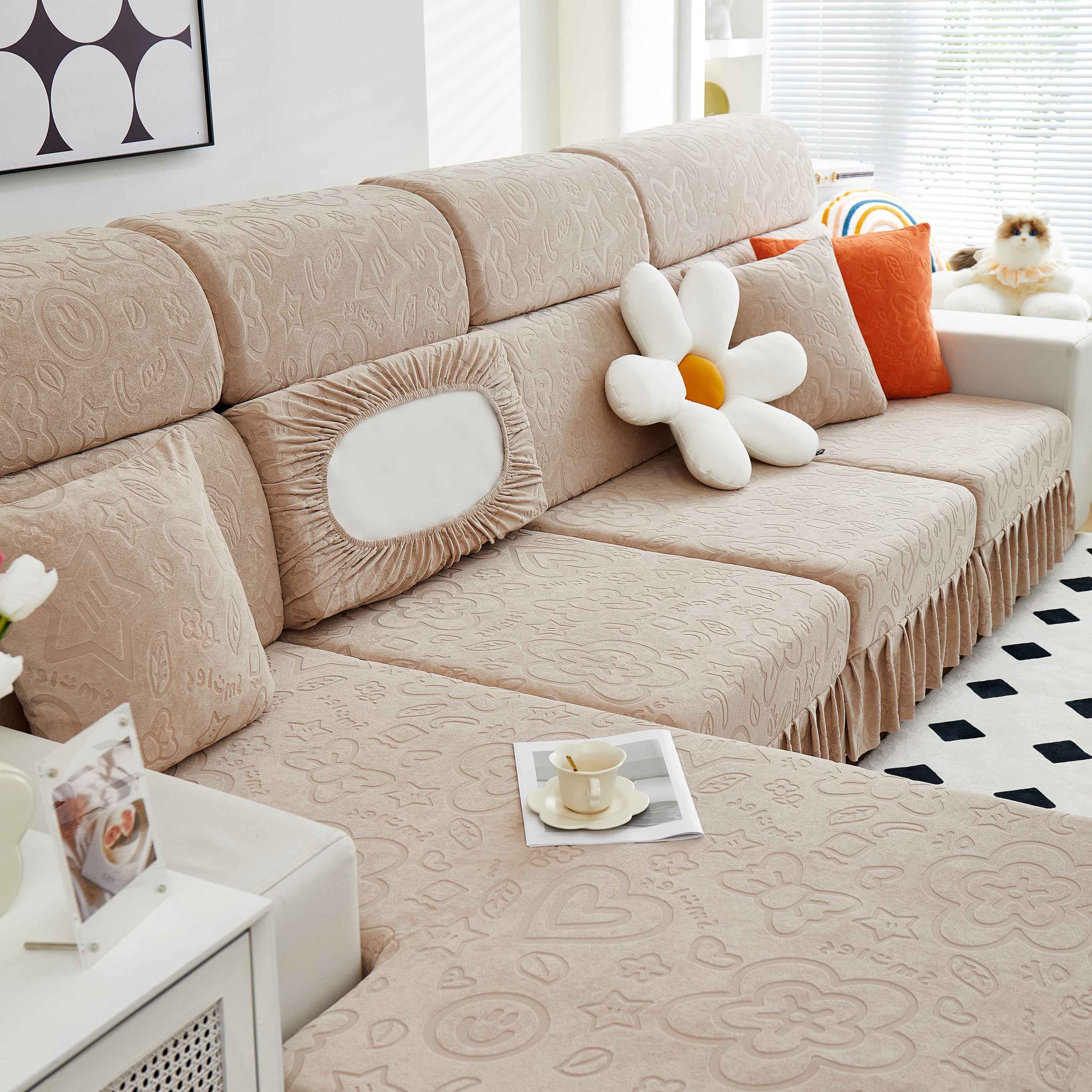 Elastic Skirted Couch Cushion Covers for 1/2/3/4-Seater Sofas, Furniture Protector for Pets, Kids