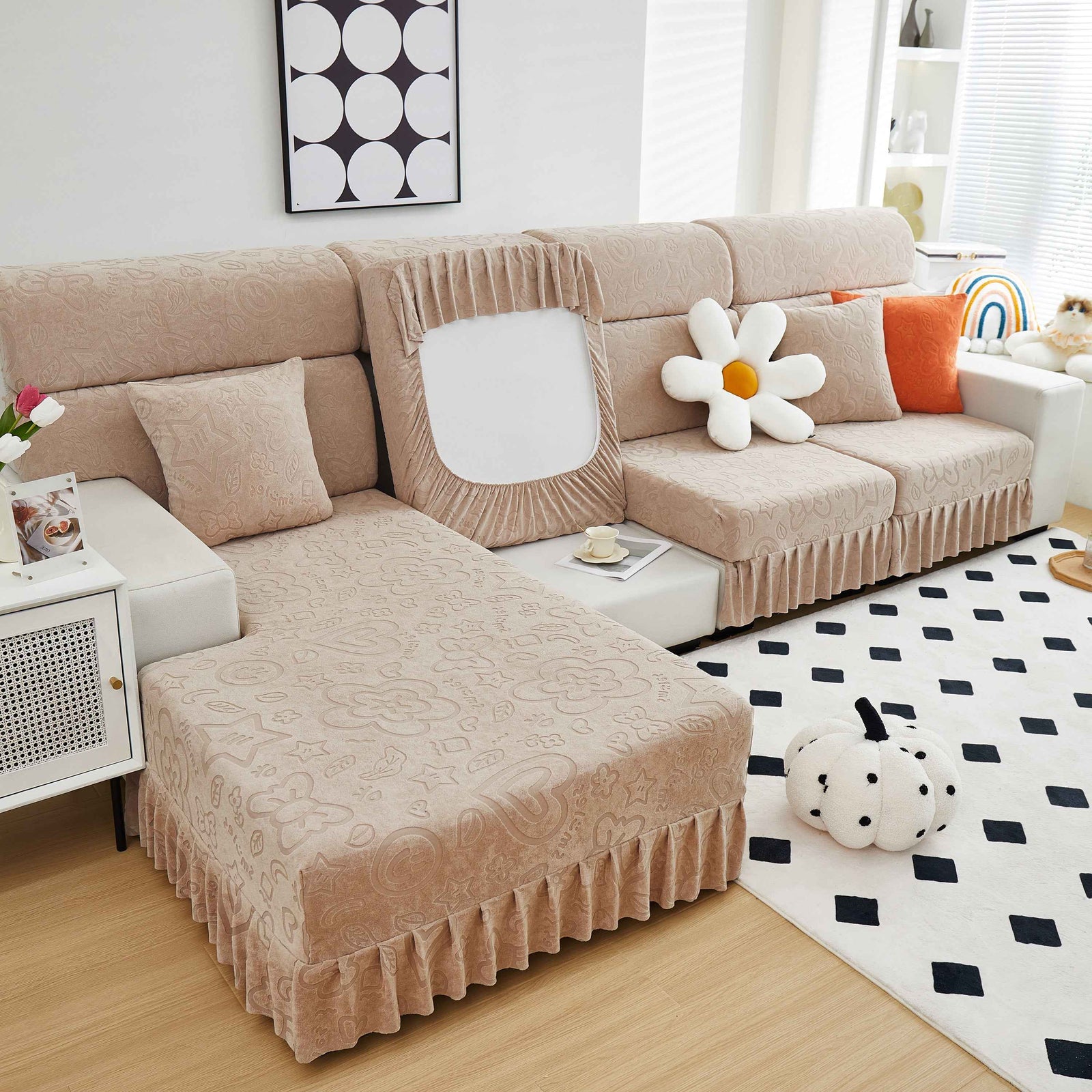 Elastic Skirted Couch Cushion Covers for 1/2/3/4-Seater Sofas, Furniture Protector for Pets, Kids