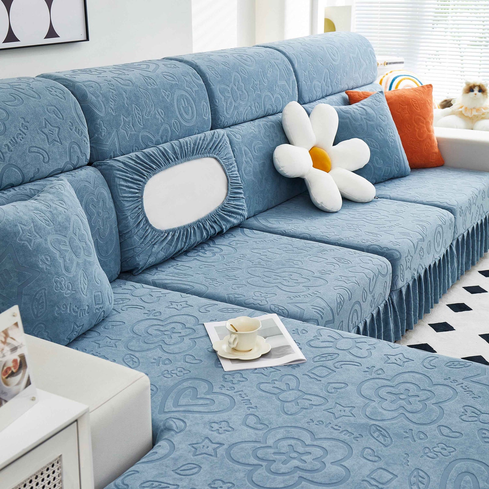 Elastic Skirted Couch Cushion Covers for 1/2/3/4-Seater Sofas, Furniture Protector for Pets, Kids