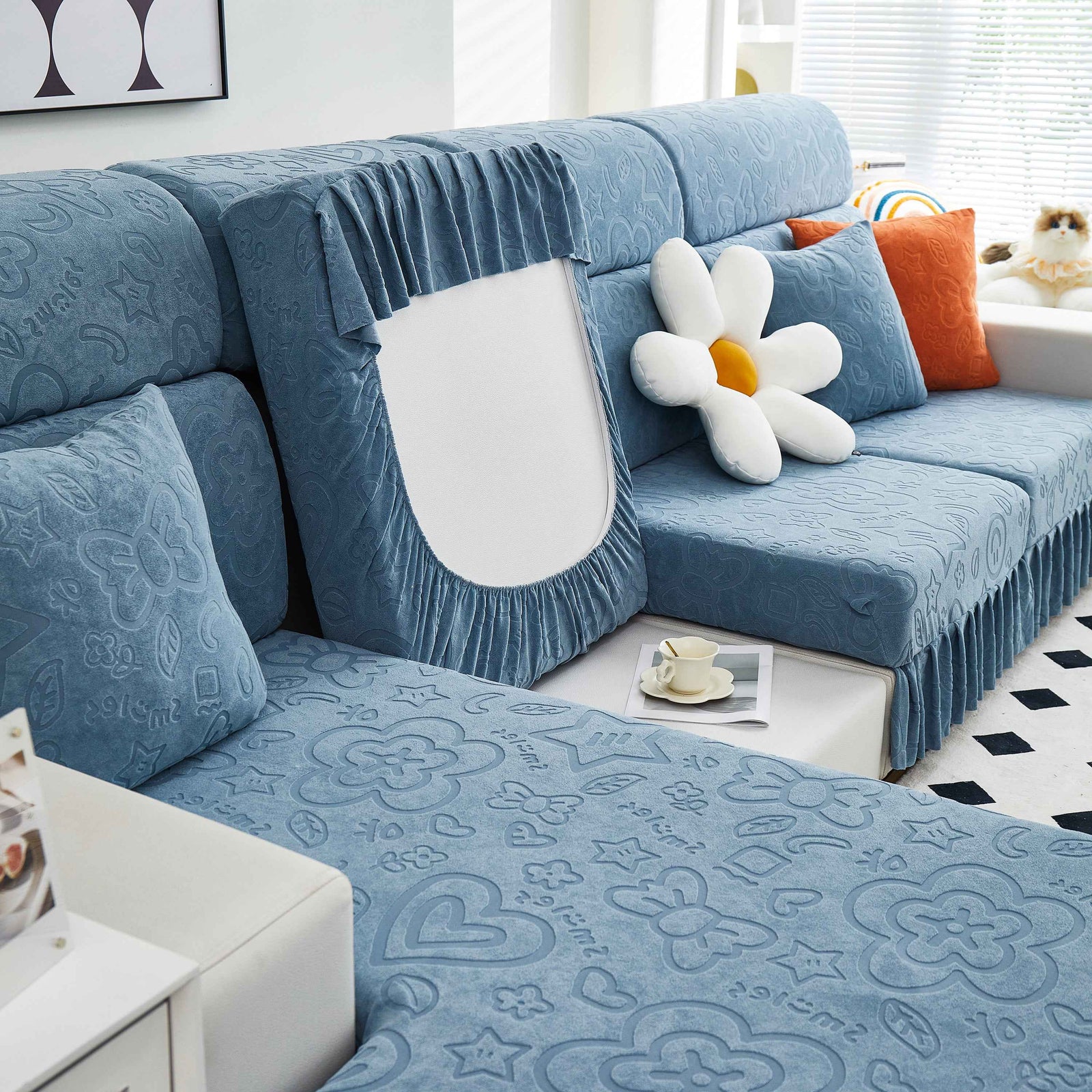Elastic Skirted Couch Cushion Covers for 1/2/3/4-Seater Sofas, Furniture Protector for Pets, Kids