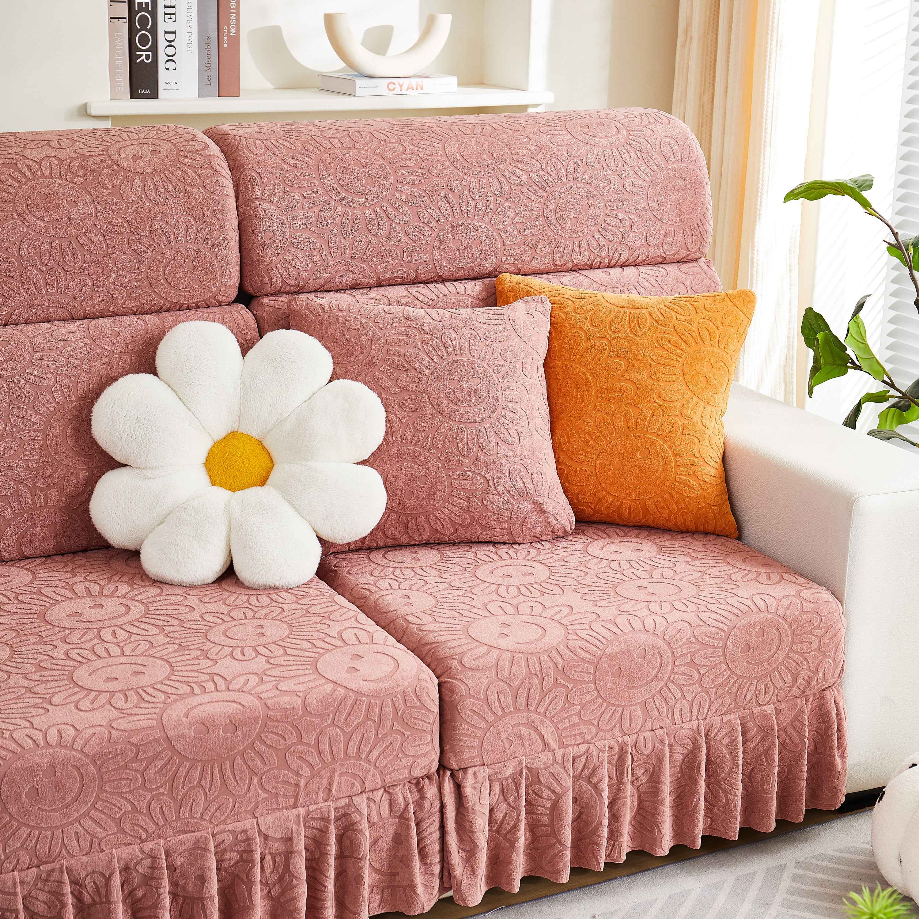 Sofa Seat Cover, Sunflower Patterned Elastic Skirted Couch Cushion Covers for 1/2/3/4-Seater Sofas