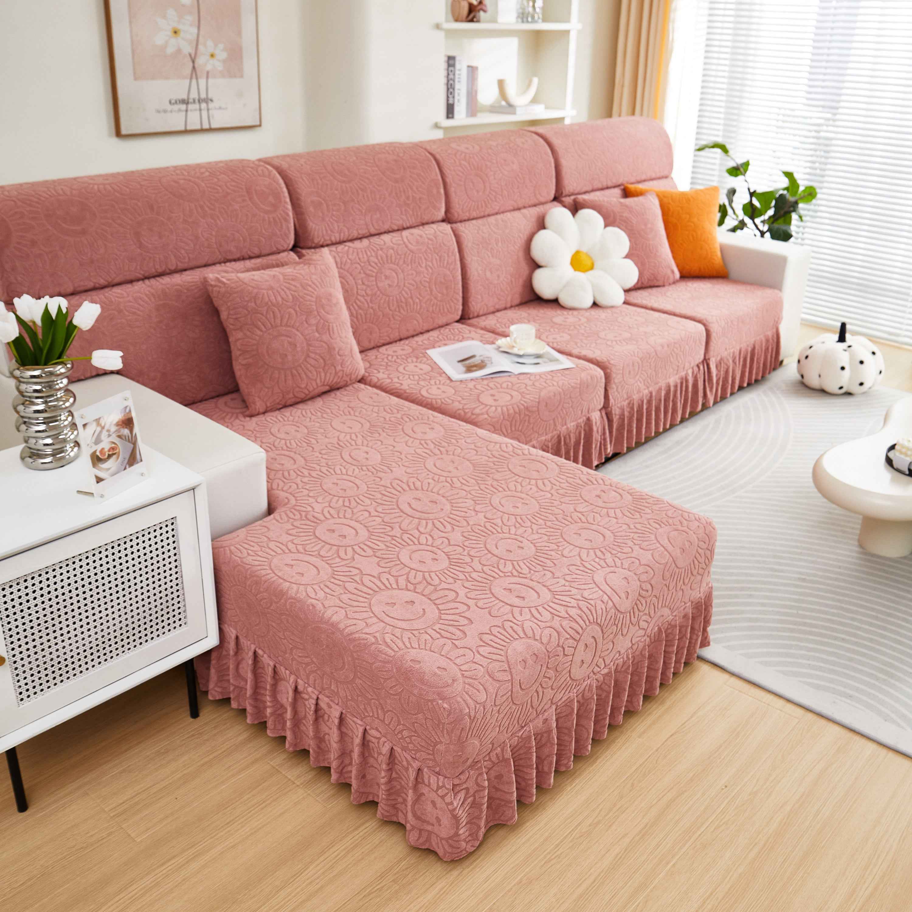 Sofa Seat Cover, Sunflower Patterned Elastic Skirted Couch Cushion Covers for 1/2/3/4-Seater Sofas