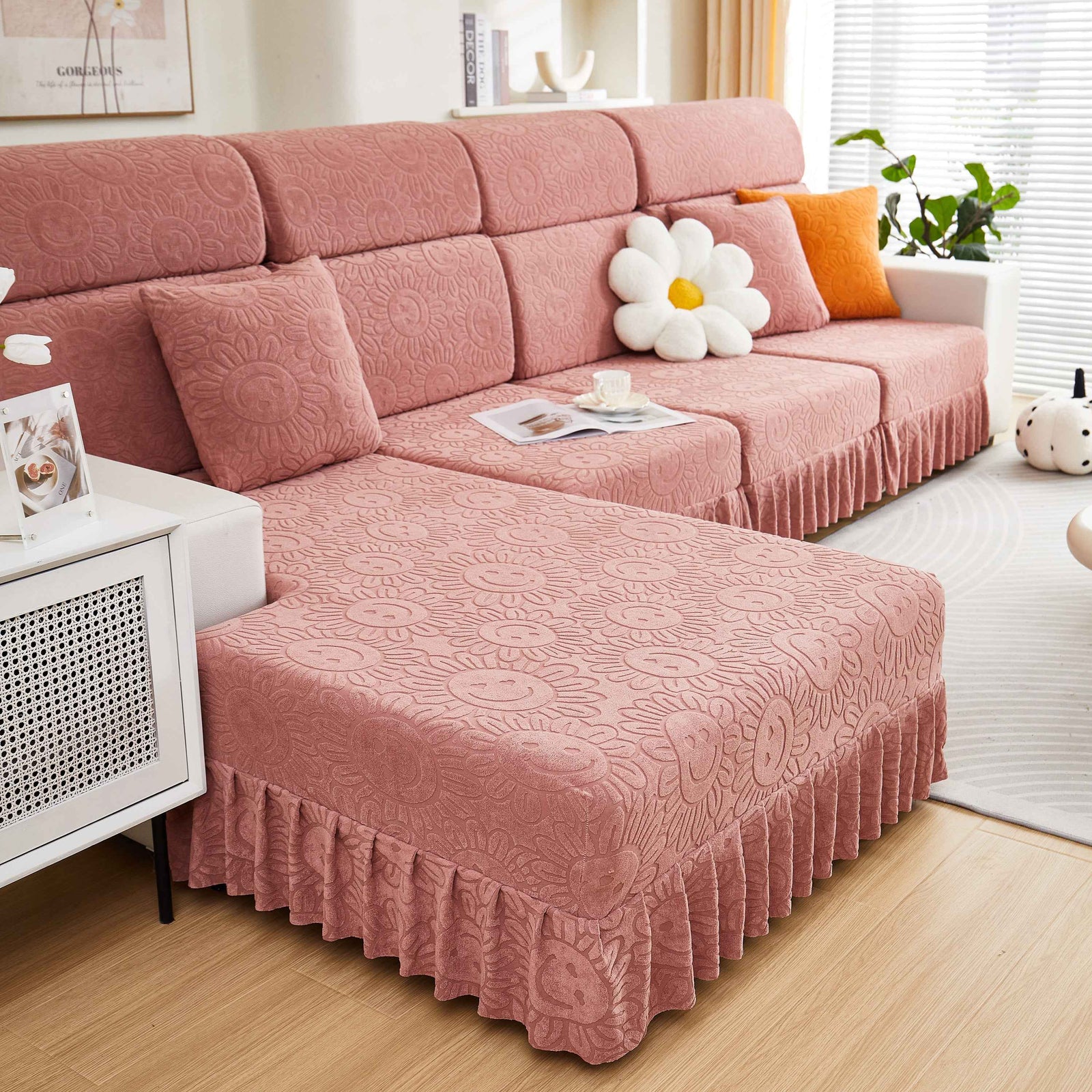 Sofa Seat Cover, Sunflower Patterned Elastic Skirted Couch Cushion Covers for 1/2/3/4-Seater Sofas
