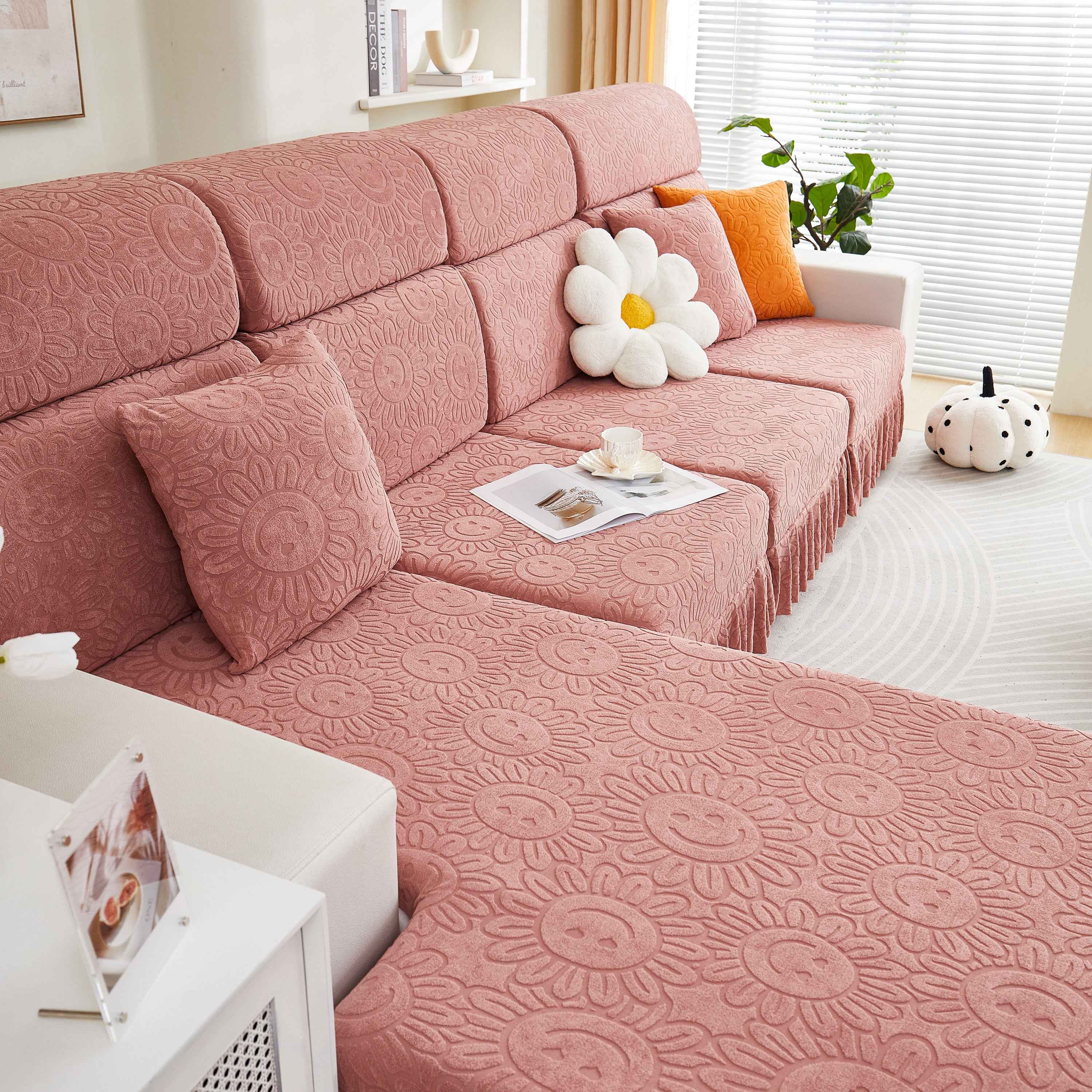 Sofa Seat Cover, Sunflower Patterned Elastic Skirted Couch Cushion Covers for 1/2/3/4-Seater Sofas