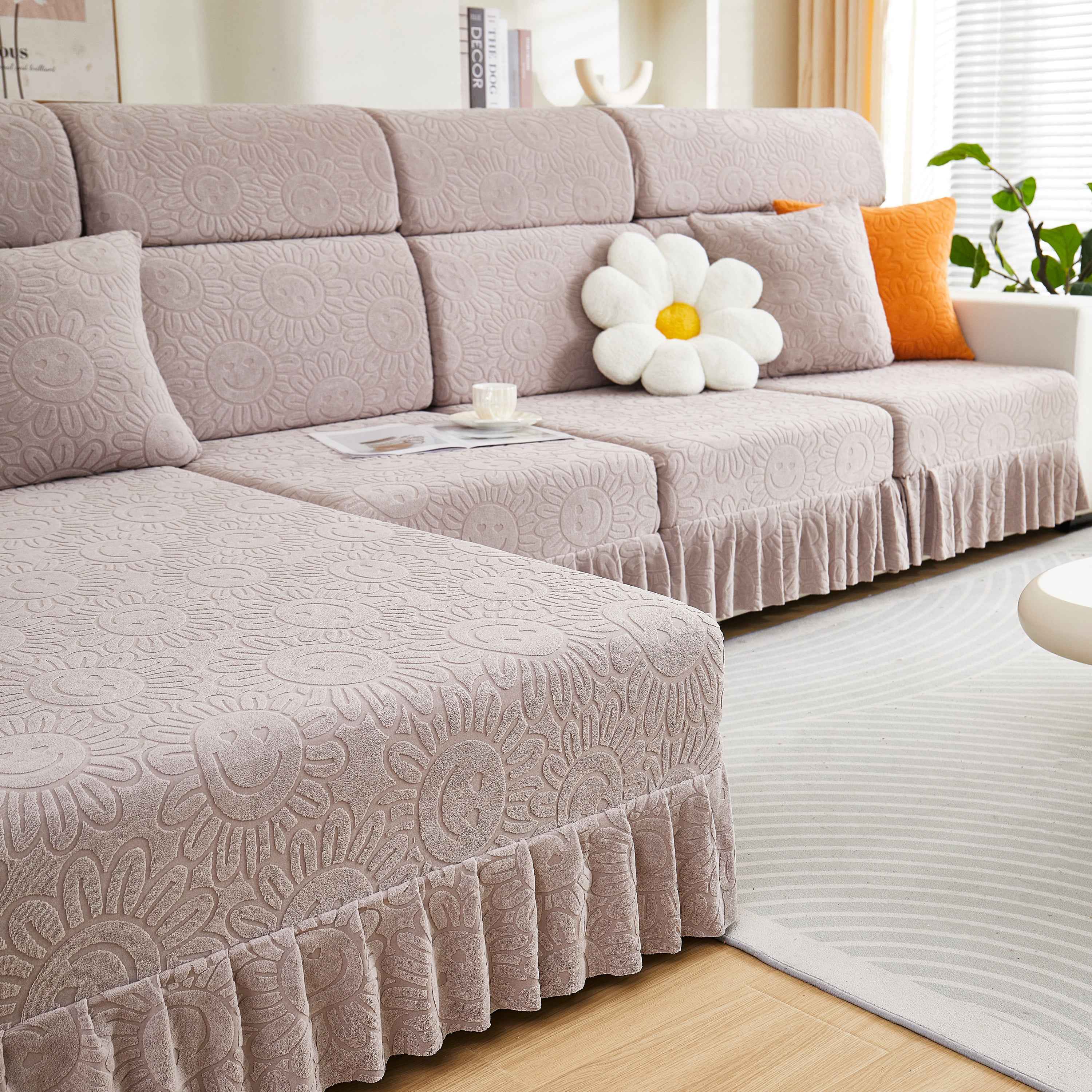 Sofa Seat Cover, Sunflower Patterned Elastic Skirted Couch Cushion Covers for 1/2/3/4-Seater Sofas