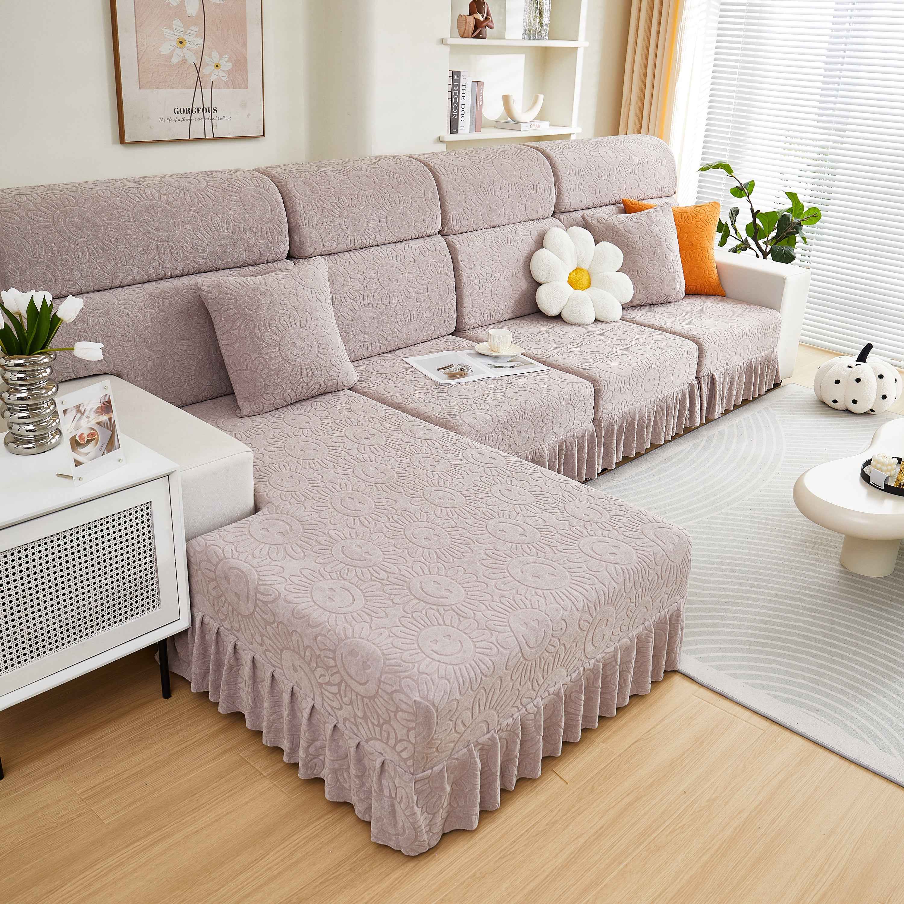 Sofa Seat Cover, Sunflower Patterned Elastic Skirted Couch Cushion Covers for 1/2/3/4-Seater Sofas
