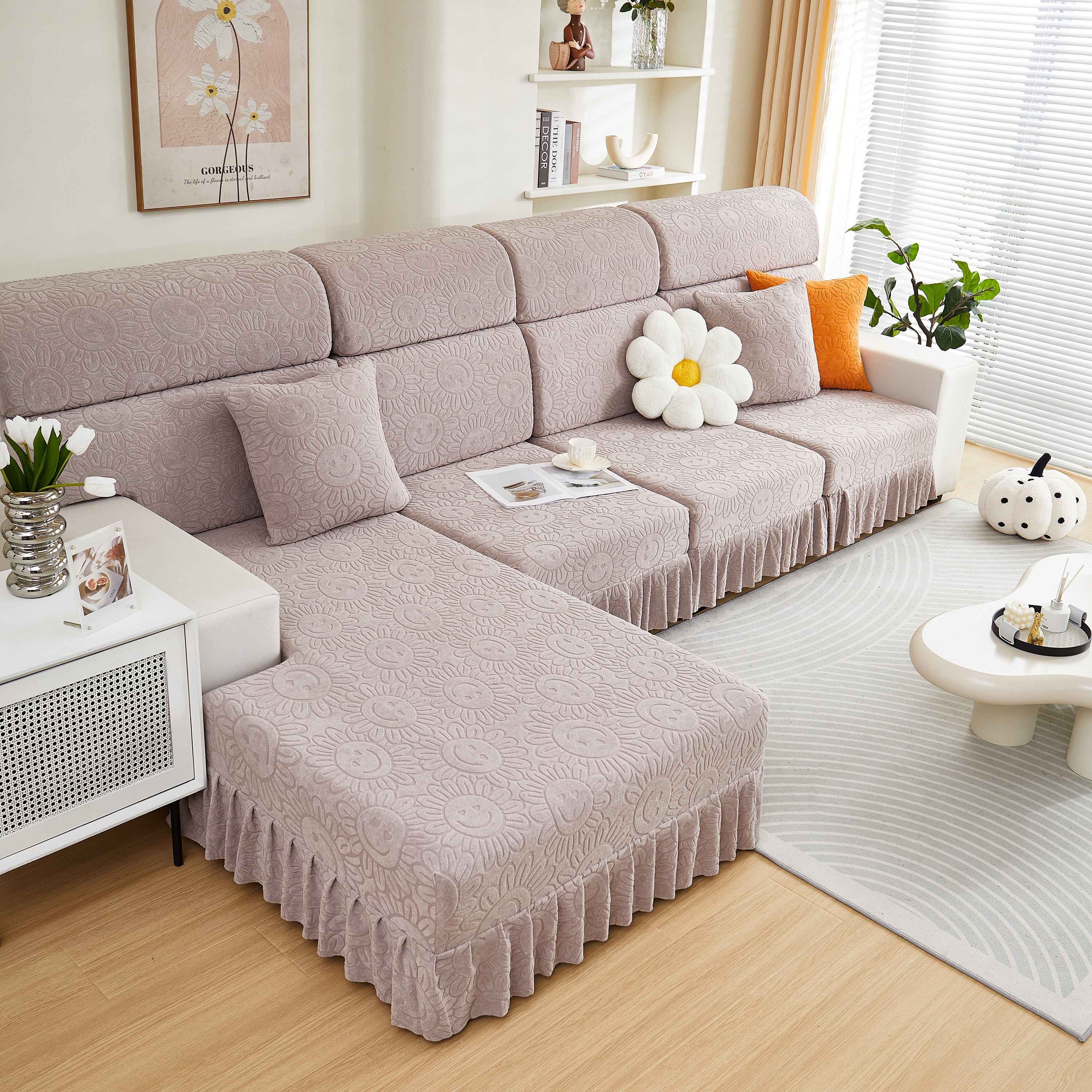 Sofa Seat Cover, Sunflower Patterned Elastic Skirted Couch Cushion Covers for 1/2/3/4-Seater Sofas
