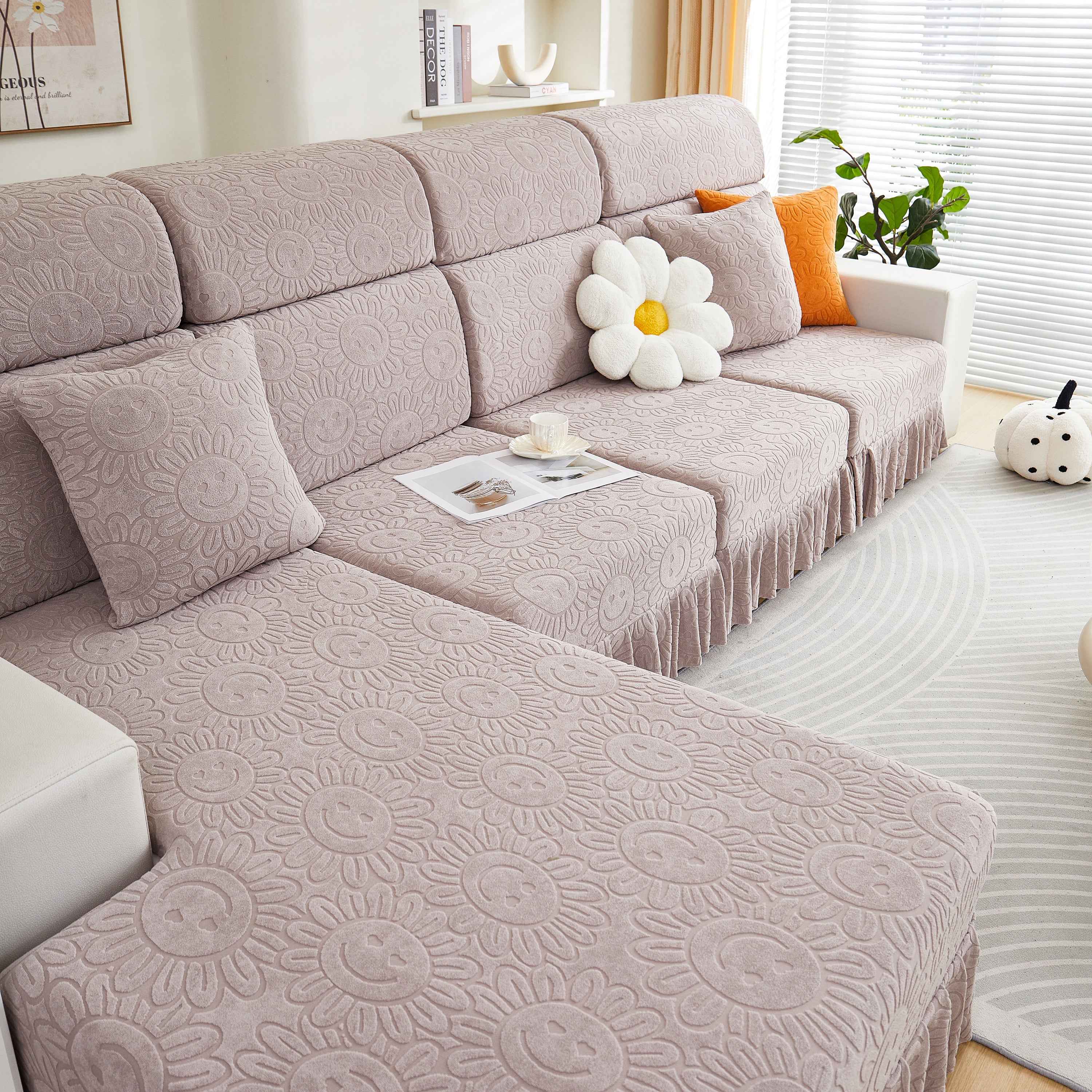 Sofa Seat Cover, Sunflower Patterned Elastic Skirted Couch Cushion Covers for 1/2/3/4-Seater Sofas