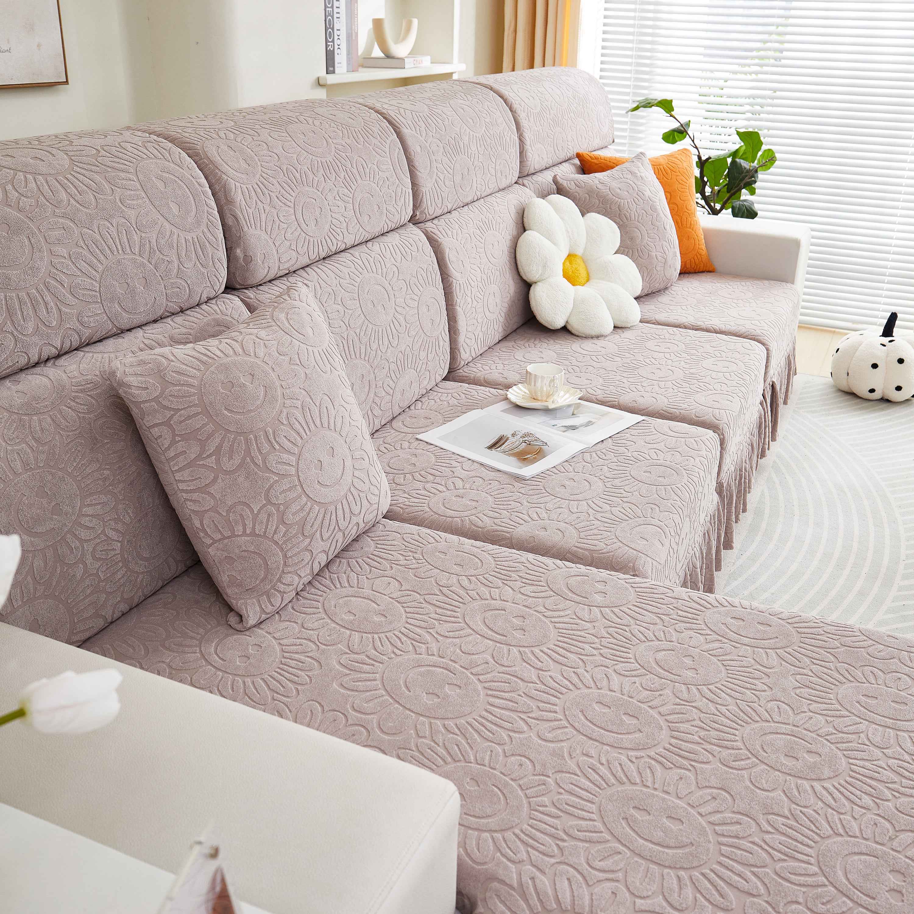 Sofa Seat Cover, Sunflower Patterned Elastic Skirted Couch Cushion Covers for 1/2/3/4-Seater Sofas