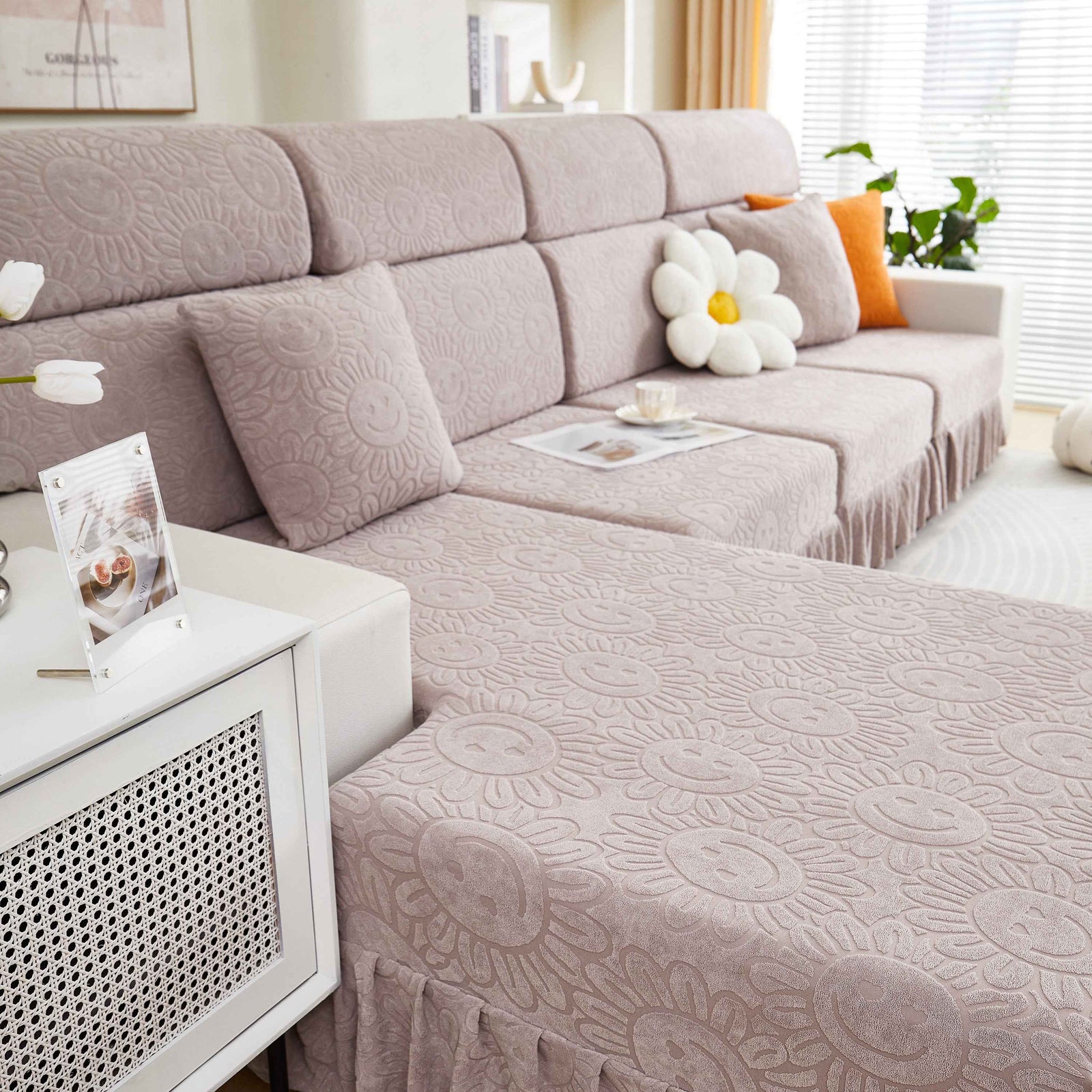 Sofa Seat Cover, Sunflower Patterned Elastic Skirted Couch Cushion Covers for 1/2/3/4-Seater Sofas