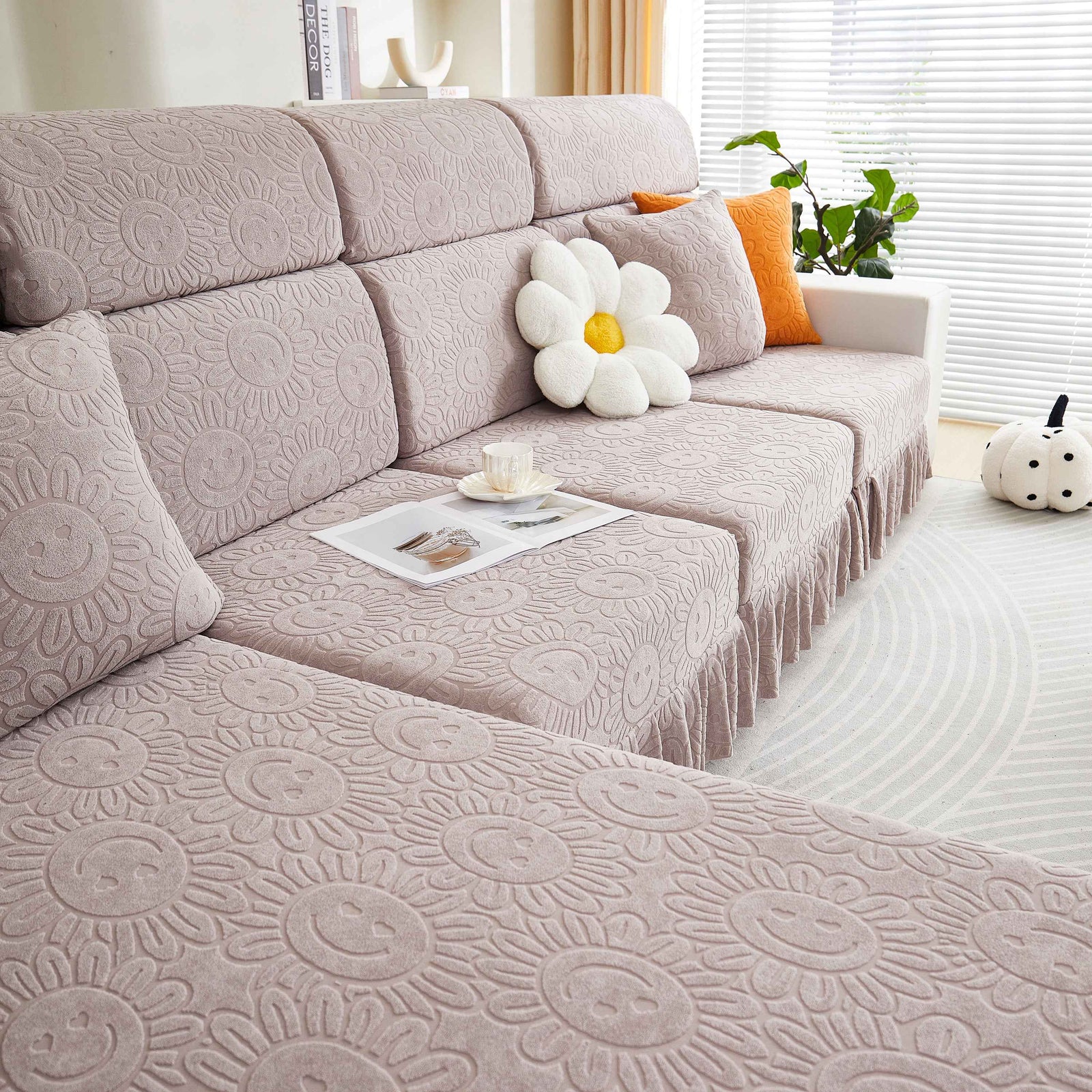 Sofa Seat Cover, Sunflower Patterned Elastic Skirted Couch Cushion Covers for 1/2/3/4-Seater Sofas