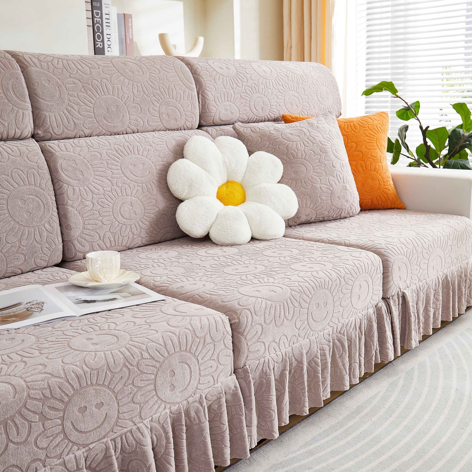 Sofa Seat Cover, Sunflower Patterned Elastic Skirted Couch Cushion Covers for 1/2/3/4-Seater Sofas