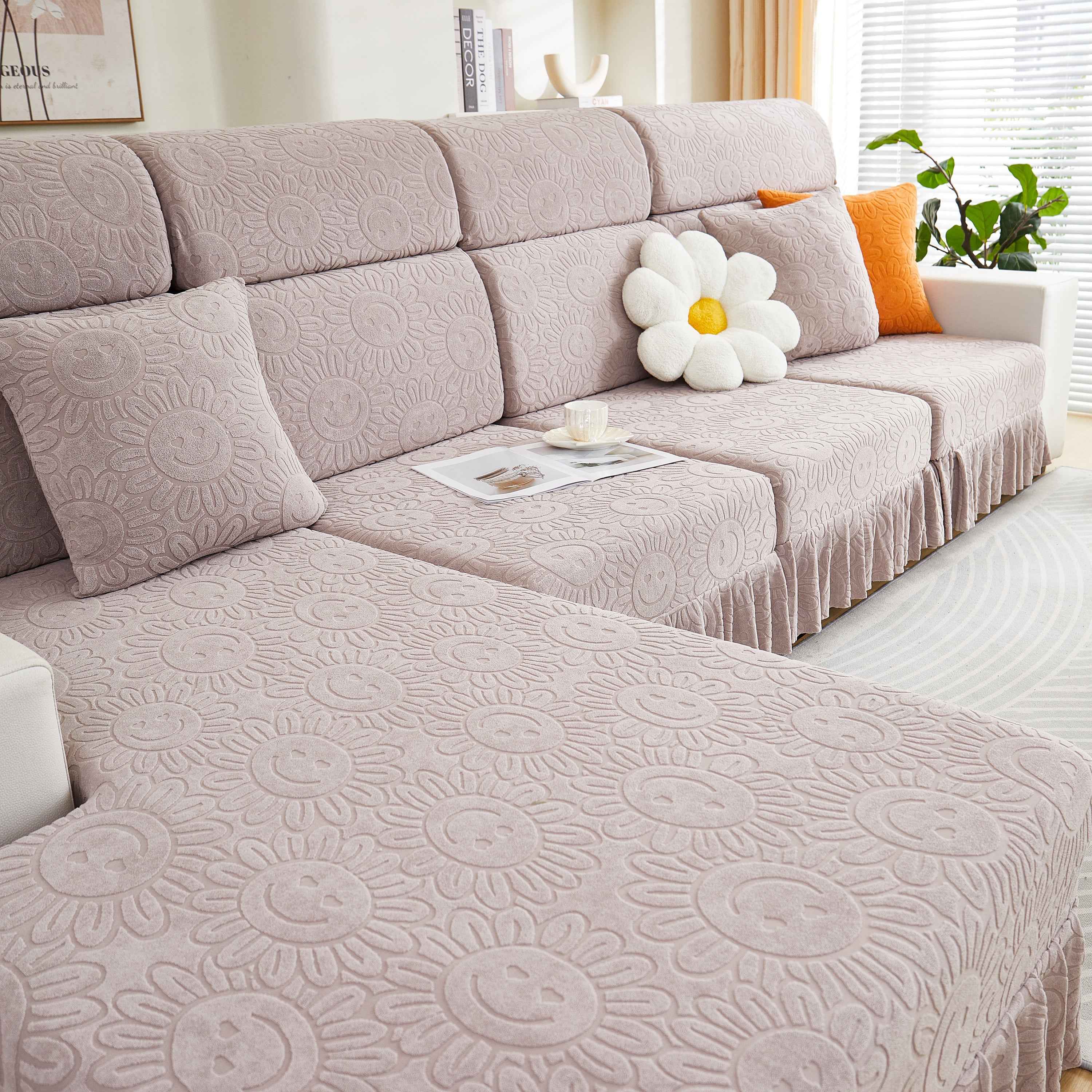 Sofa Seat Cover, Sunflower Patterned Elastic Skirted Couch Cushion Covers for 1/2/3/4-Seater Sofas