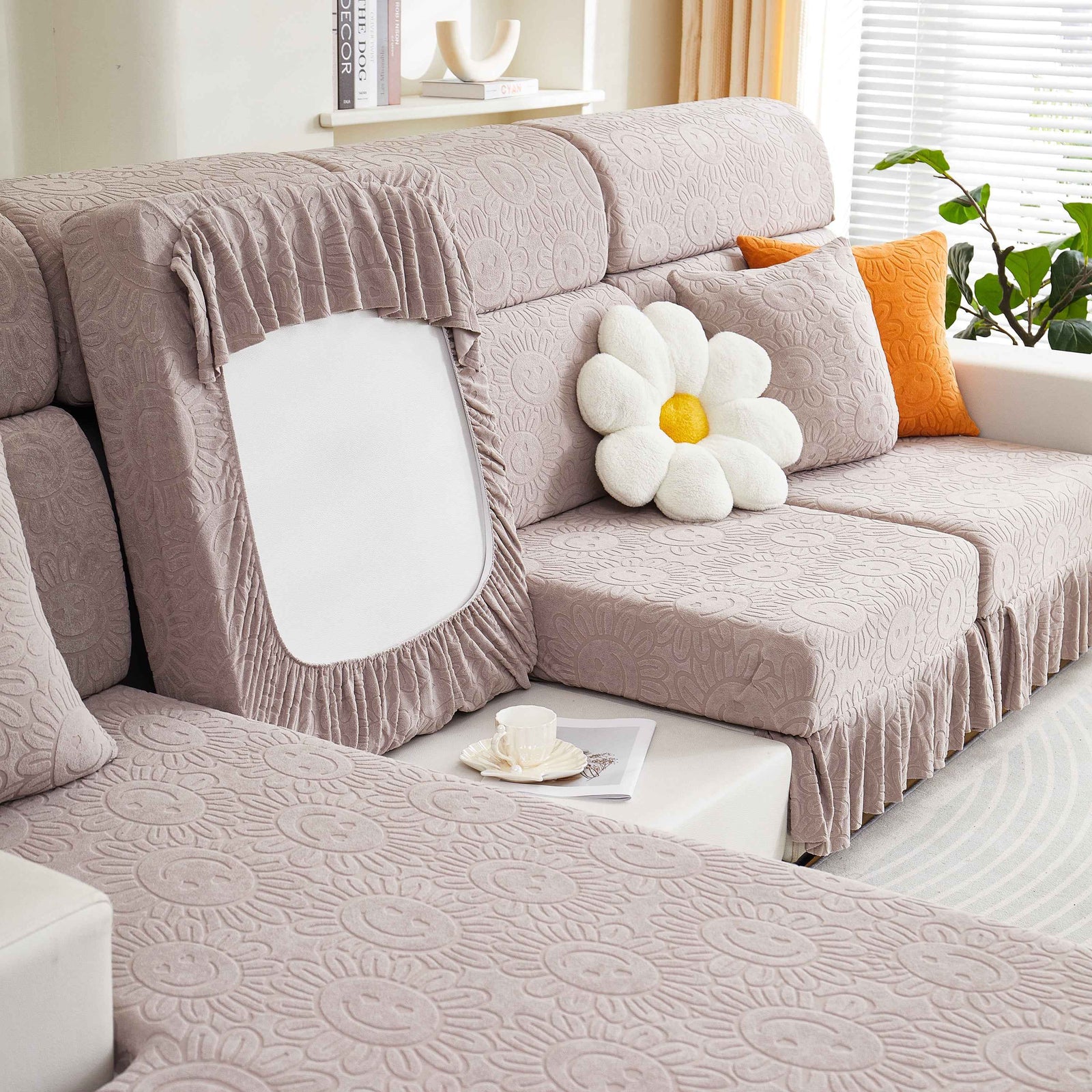 Sofa Seat Cover, Sunflower Patterned Elastic Skirted Couch Cushion Covers for 1/2/3/4-Seater Sofas