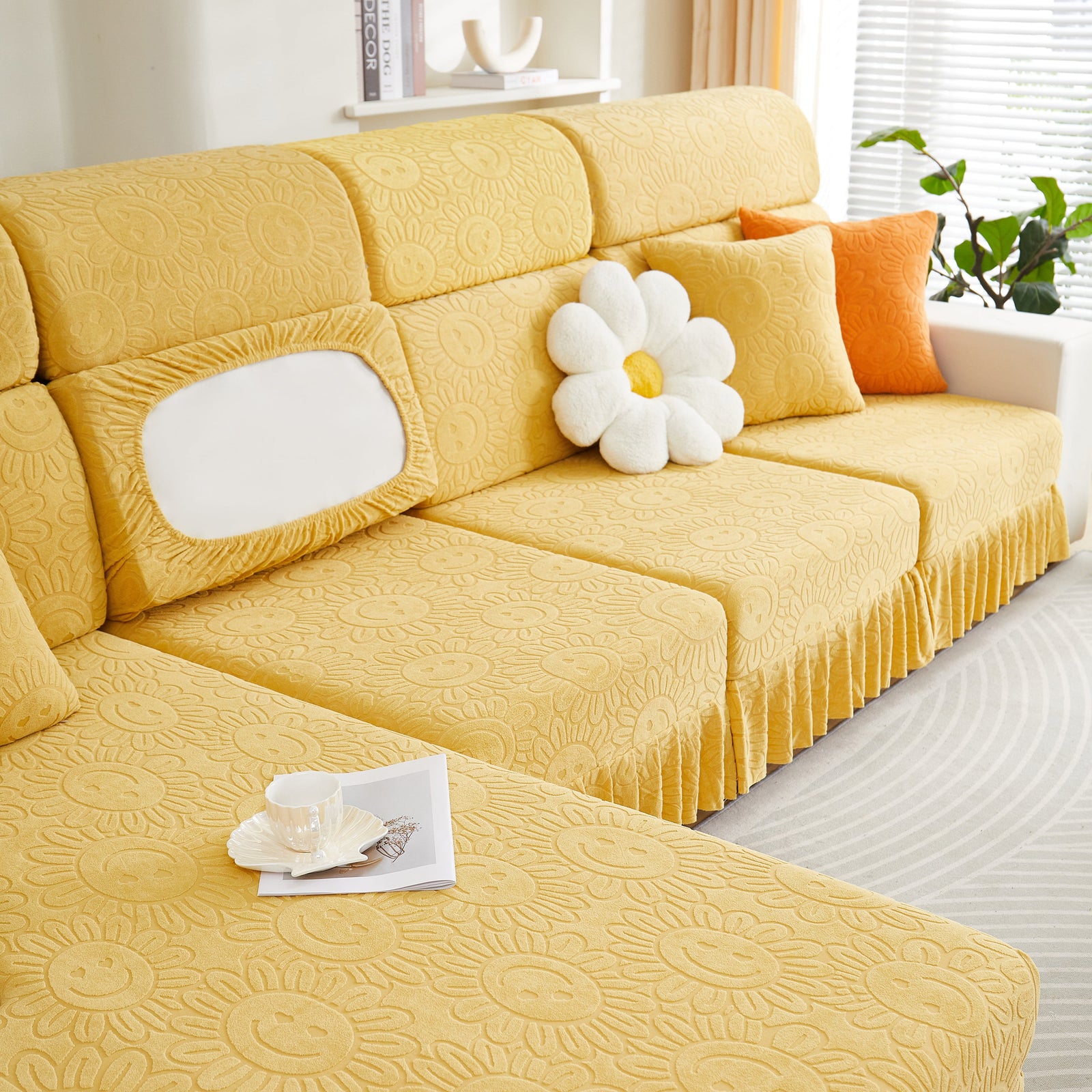 Sofa Seat Cover, Sunflower Patterned Elastic Skirted Couch Cushion Covers for 1/2/3/4-Seater Sofas