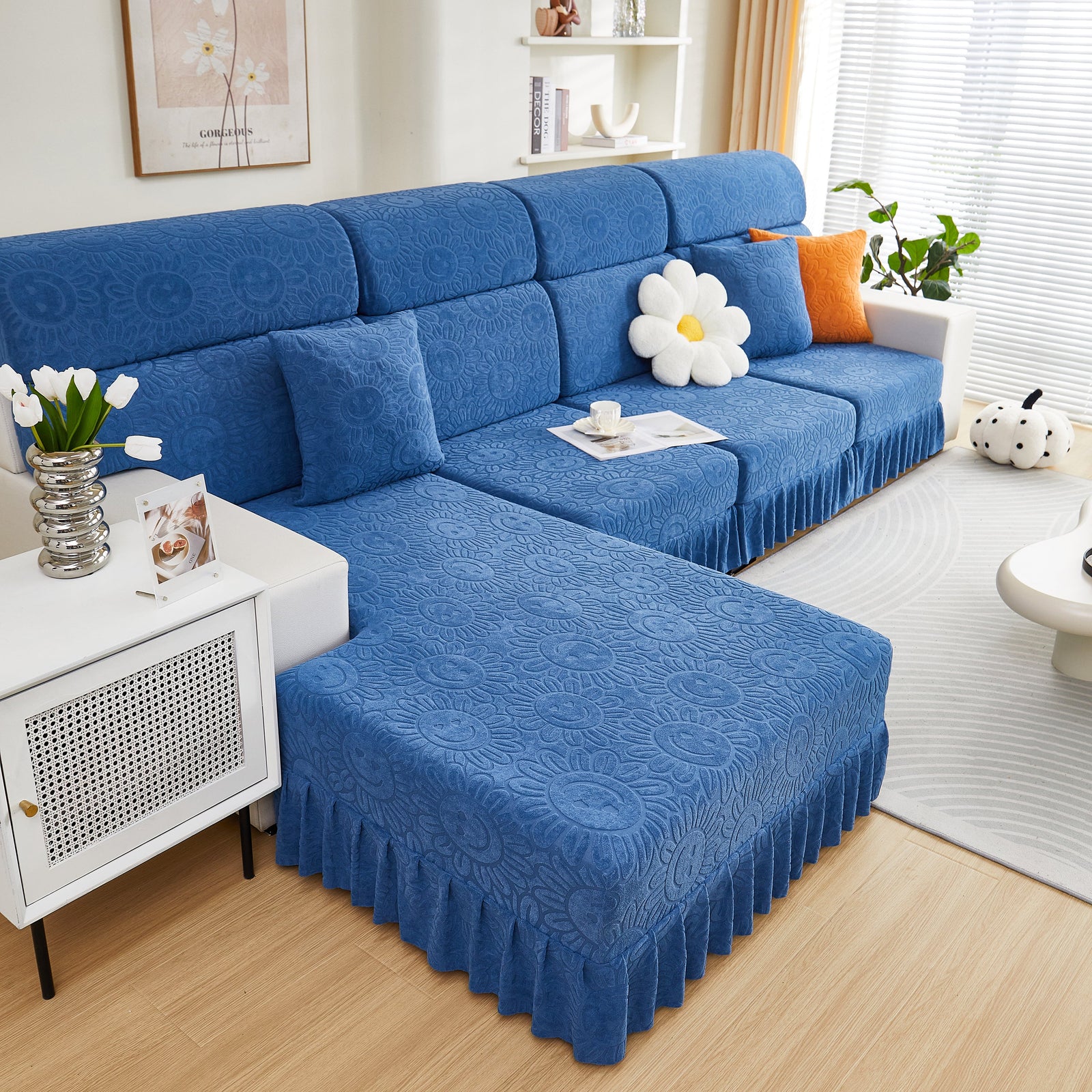 Sofa Seat Cover, Sunflower Patterned Elastic Skirted Couch Cushion Covers for 1/2/3/4-Seater Sofas
