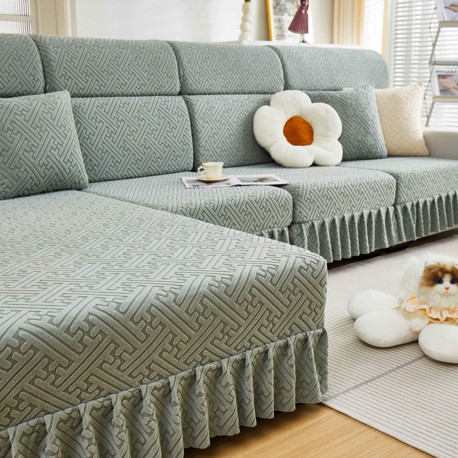 Stretch Sofa Covers with Skirt for Couch Seat and Cushion, Chaise, Sectional, 1/2/3/4 Seater Sofas