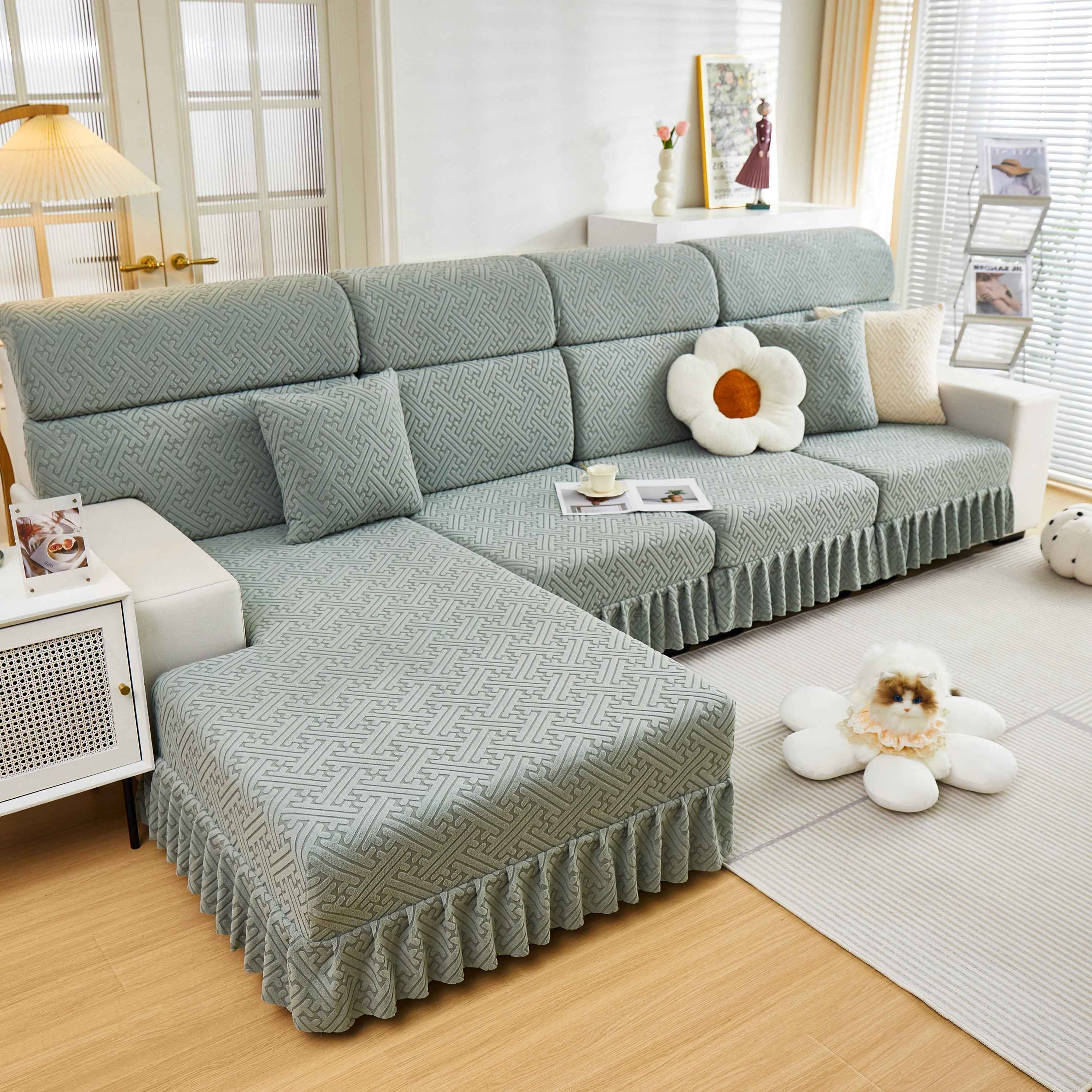 Stretch Sofa Covers with Skirt for Couch Seat and Cushion, Chaise, Sectional, 1/2/3/4 Seater Sofas