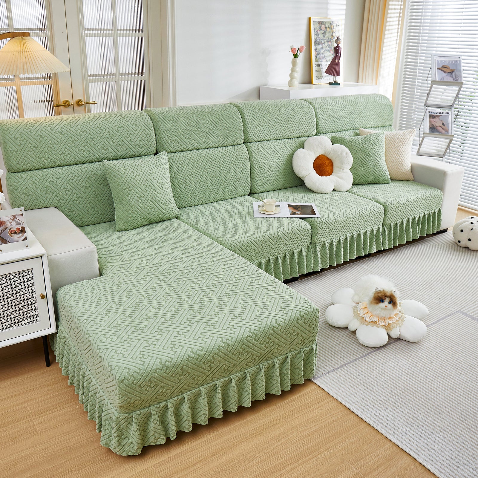 Stretch Sofa Covers with Skirt for Couch Seat and Cushion, Chaise, Sectional, 1/2/3/4 Seater Sofas