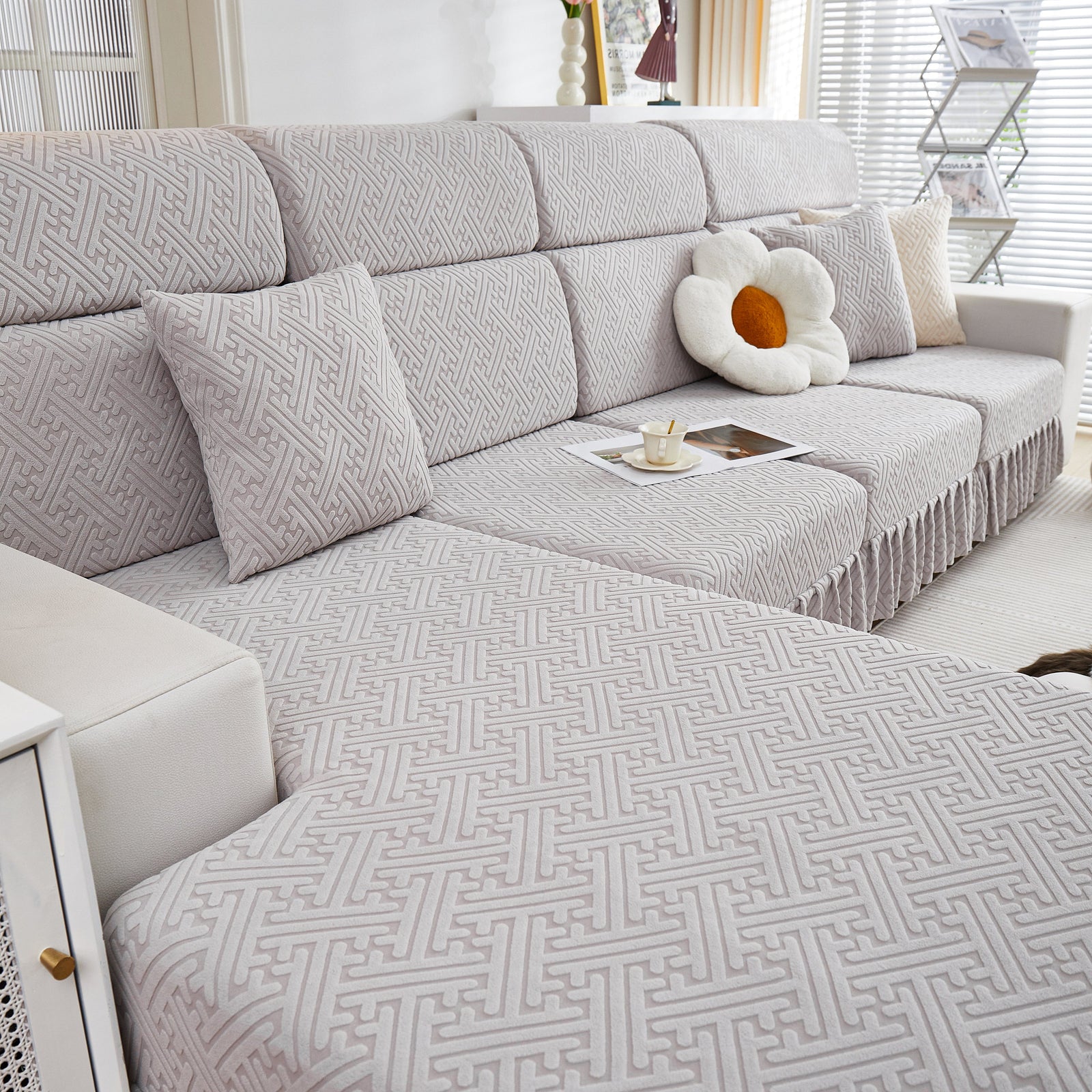 Stretch Sofa Covers with Skirt for Couch Seat and Cushion, Chaise, Sectional, 1/2/3/4 Seater Sofas