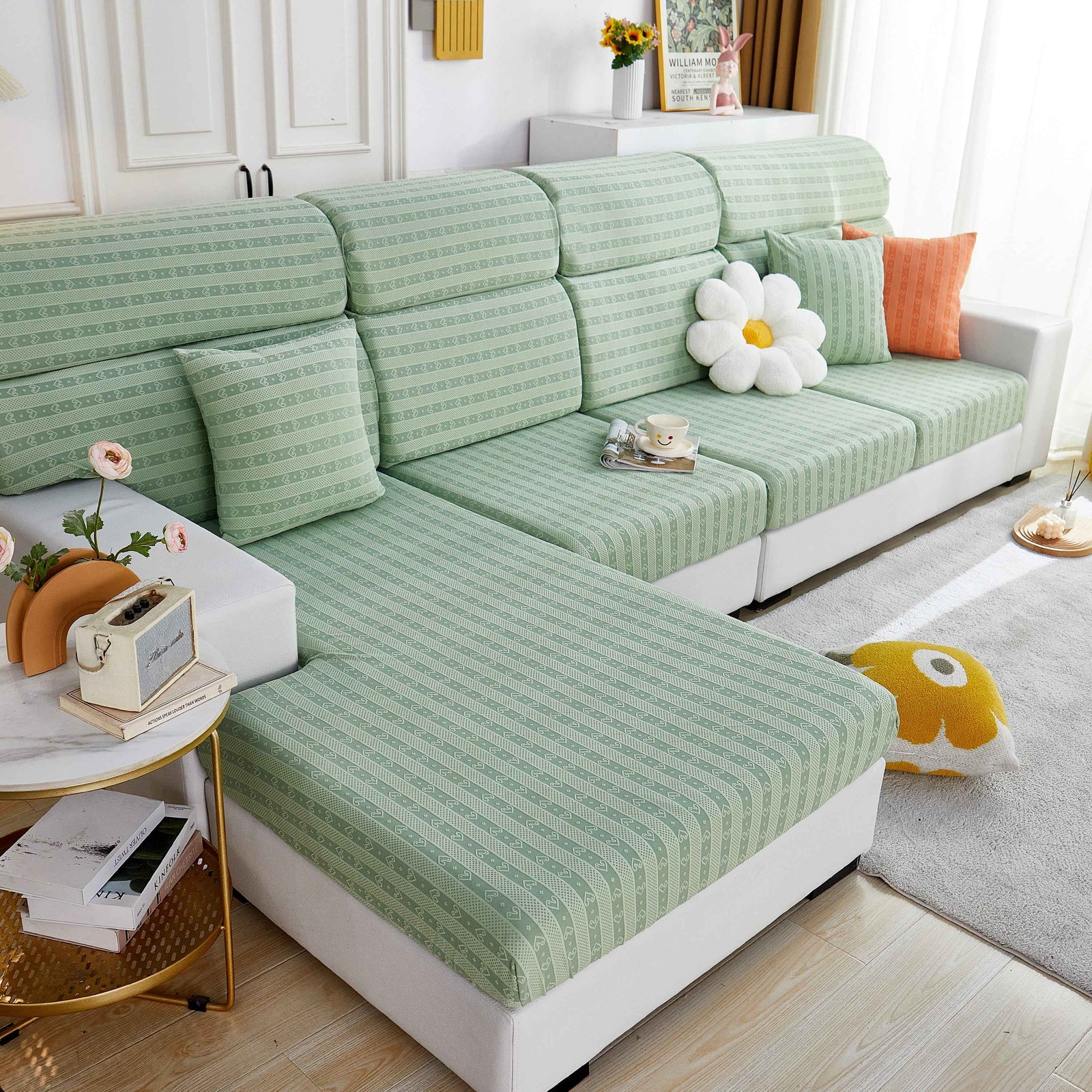 Love Stripe Jacquard Fleece Fabric Stretch Cushion Cover, Non-Slip Furniture Protector for Kids, Couch Cushion Covers