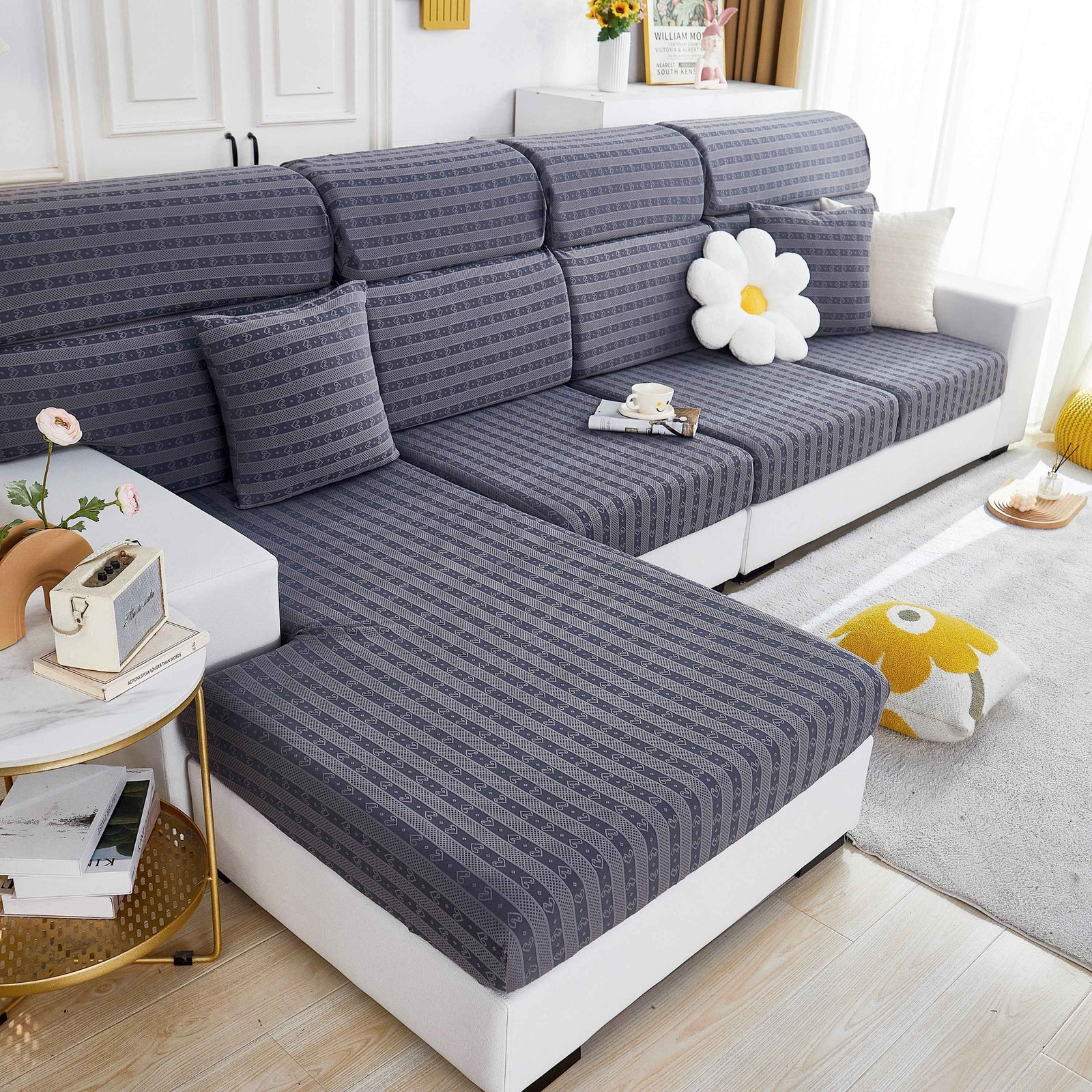 Love Stripe Jacquard Fleece Fabric Stretch Cushion Cover, Non-Slip Furniture Protector for Kids, Couch Cushion Covers