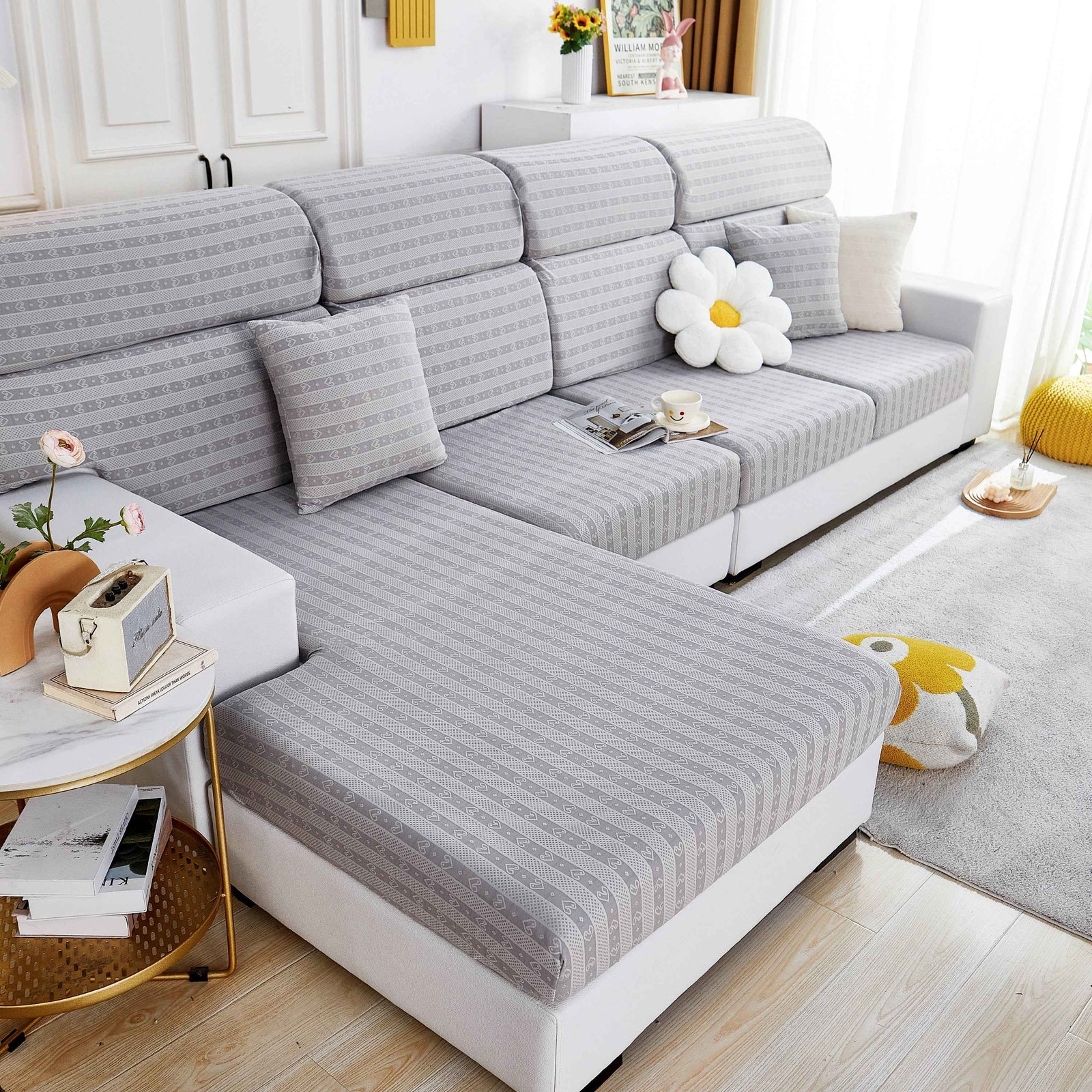 Love Stripe Jacquard Fleece Fabric Stretch Cushion Cover, Non-Slip Furniture Protector for Kids, Couch Cushion Covers
