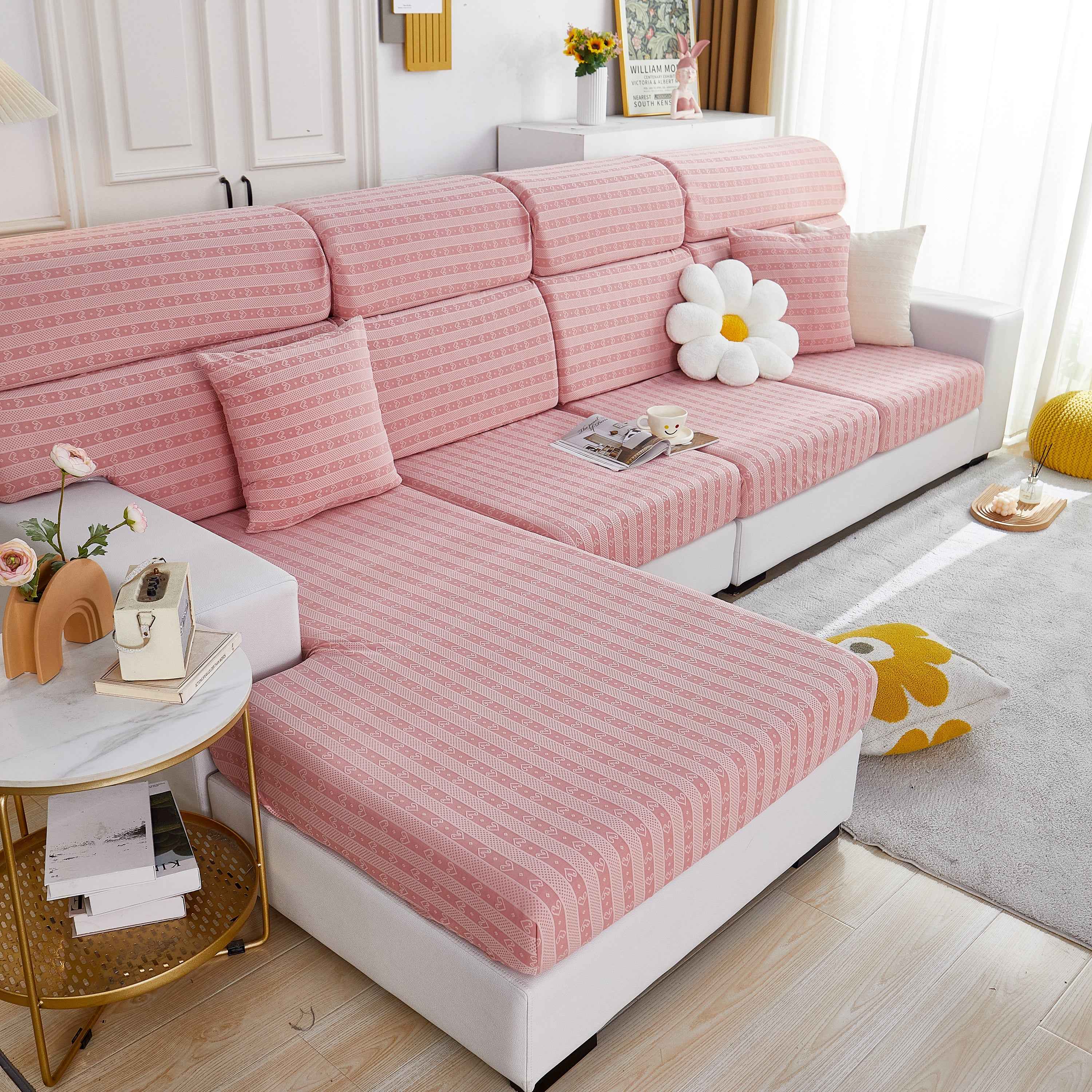 Love Stripe Jacquard Fleece Fabric Stretch Cushion Cover, Non-Slip Furniture Protector for Kids, Couch Cushion Covers