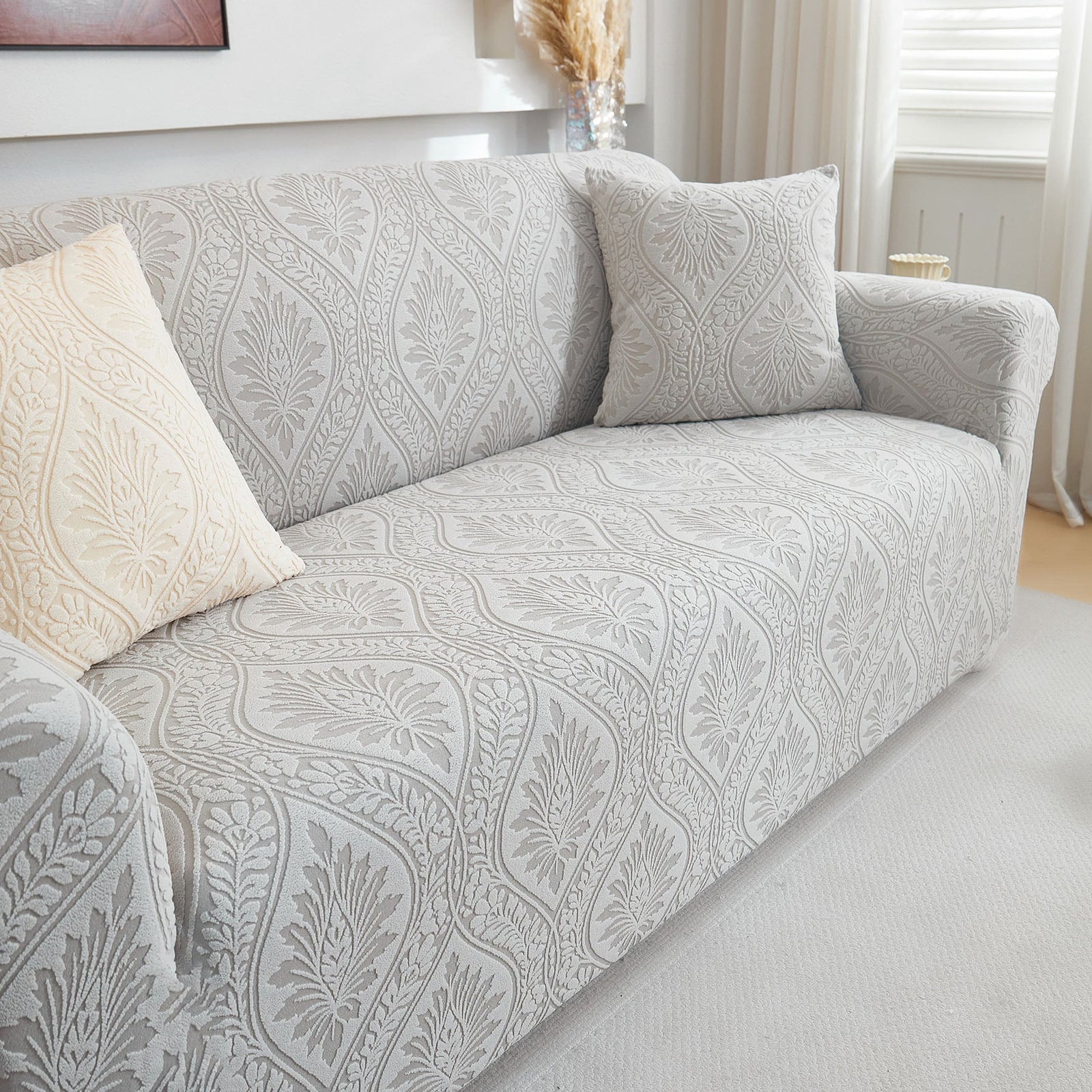 3D Baroque Floral Stretch Sofa Cover Elastic Polar Fleece Couch Slipcover with Straps