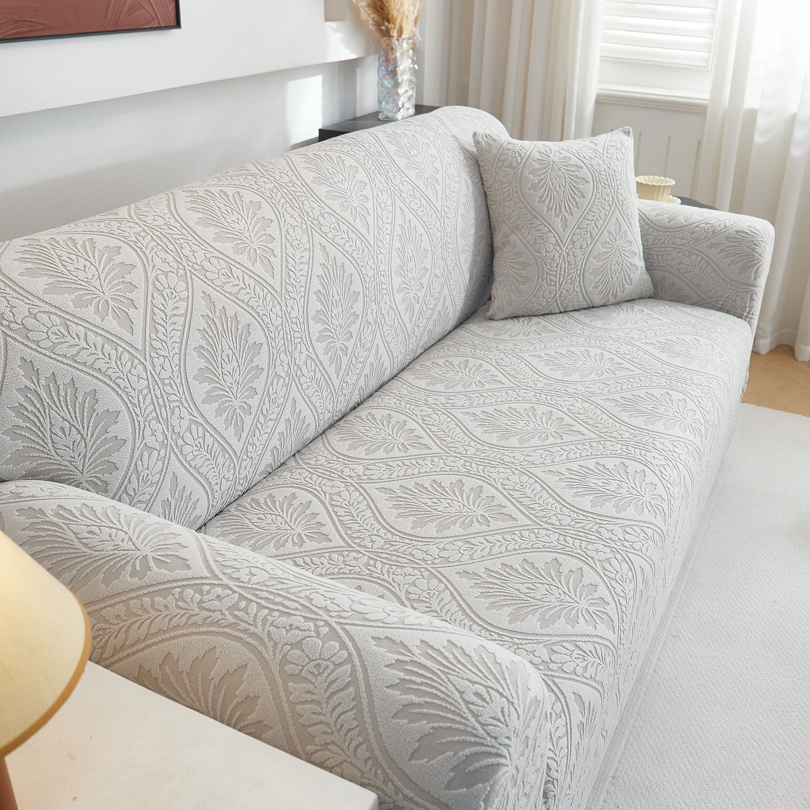 3D Baroque Floral Stretch Sofa Cover Elastic Polar Fleece Couch Slipcover with Straps