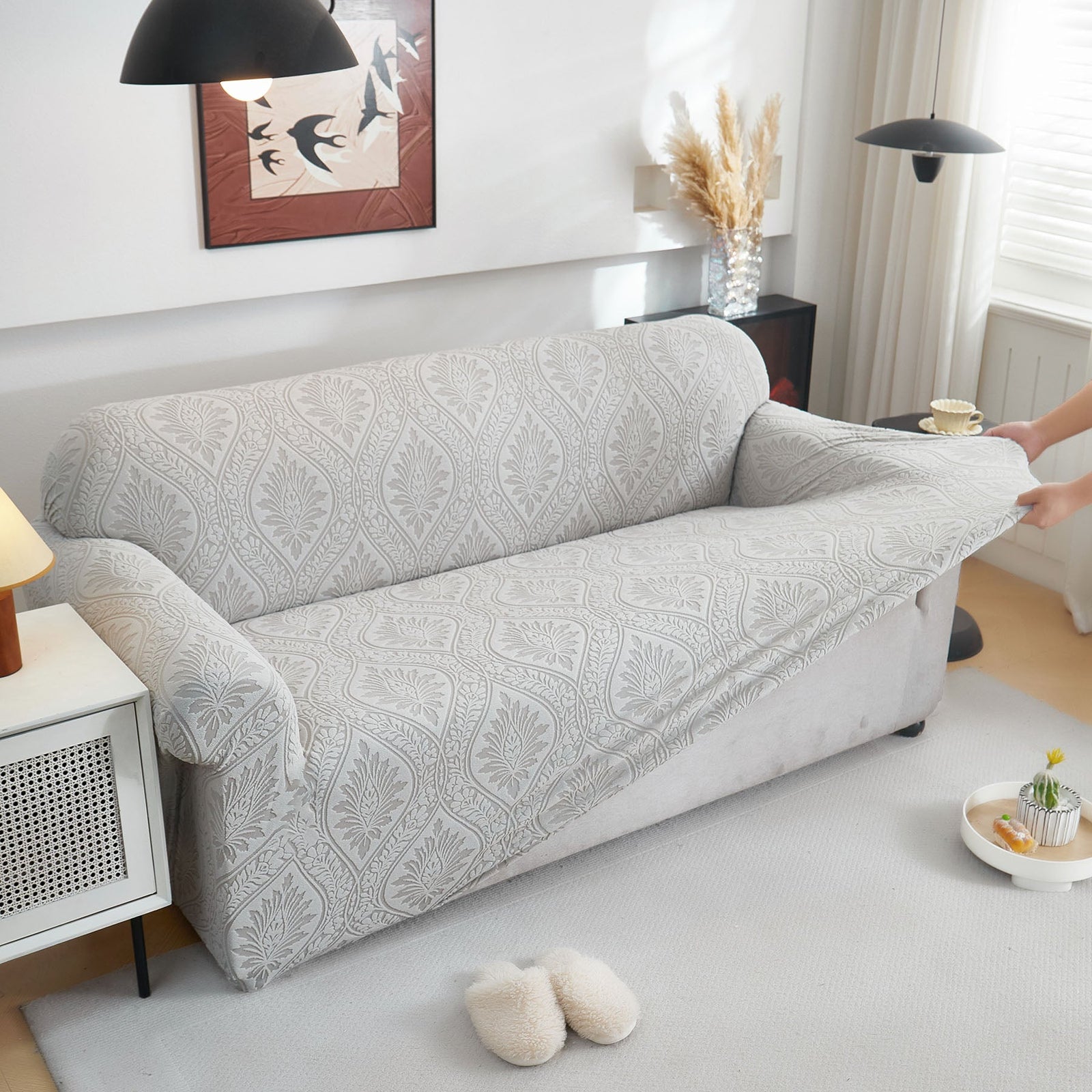 3D Baroque Floral Stretch Sofa Cover Elastic Polar Fleece Couch Slipcover with Straps