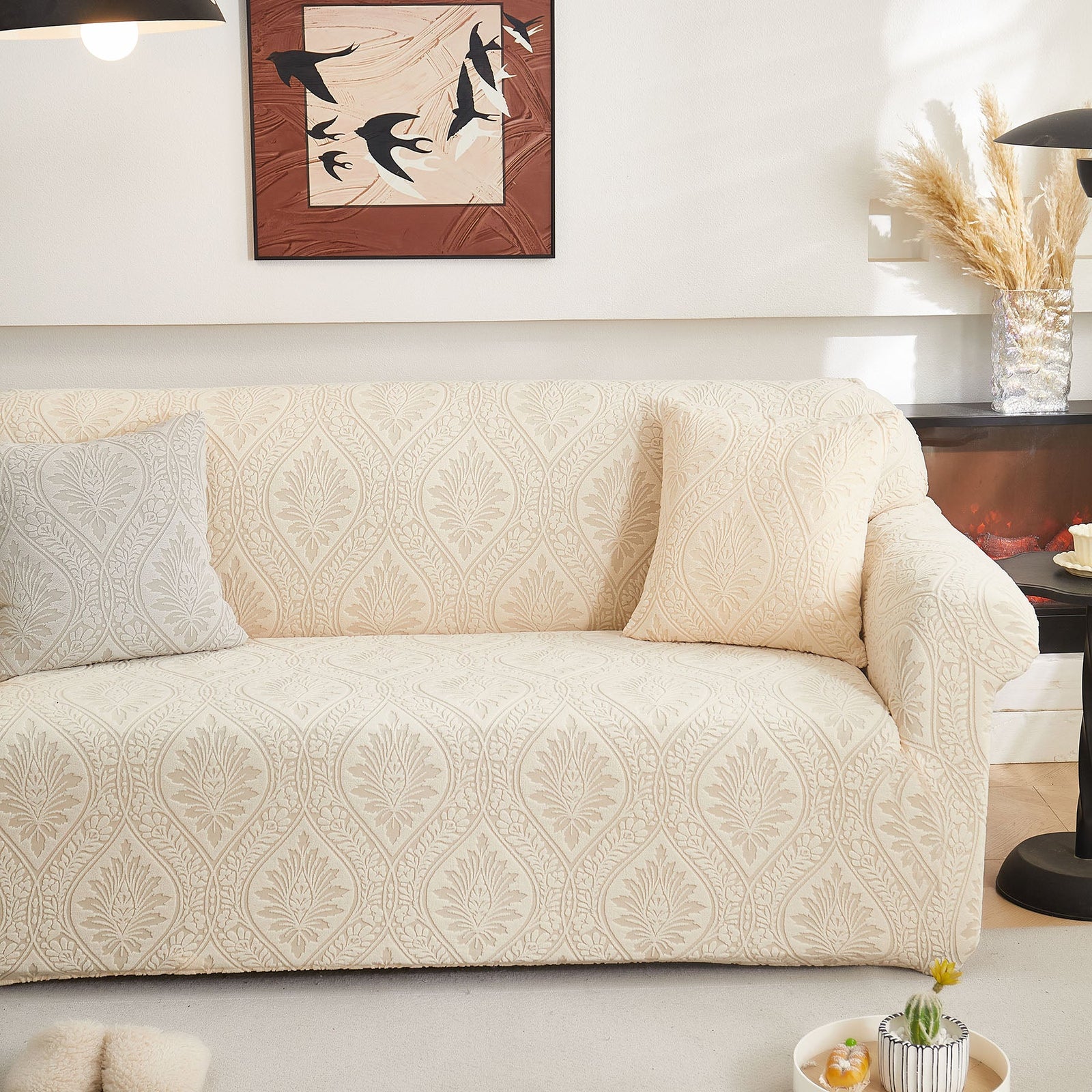 3D Baroque Floral Stretch Sofa Cover Elastic Polar Fleece Couch Slipcover with Straps