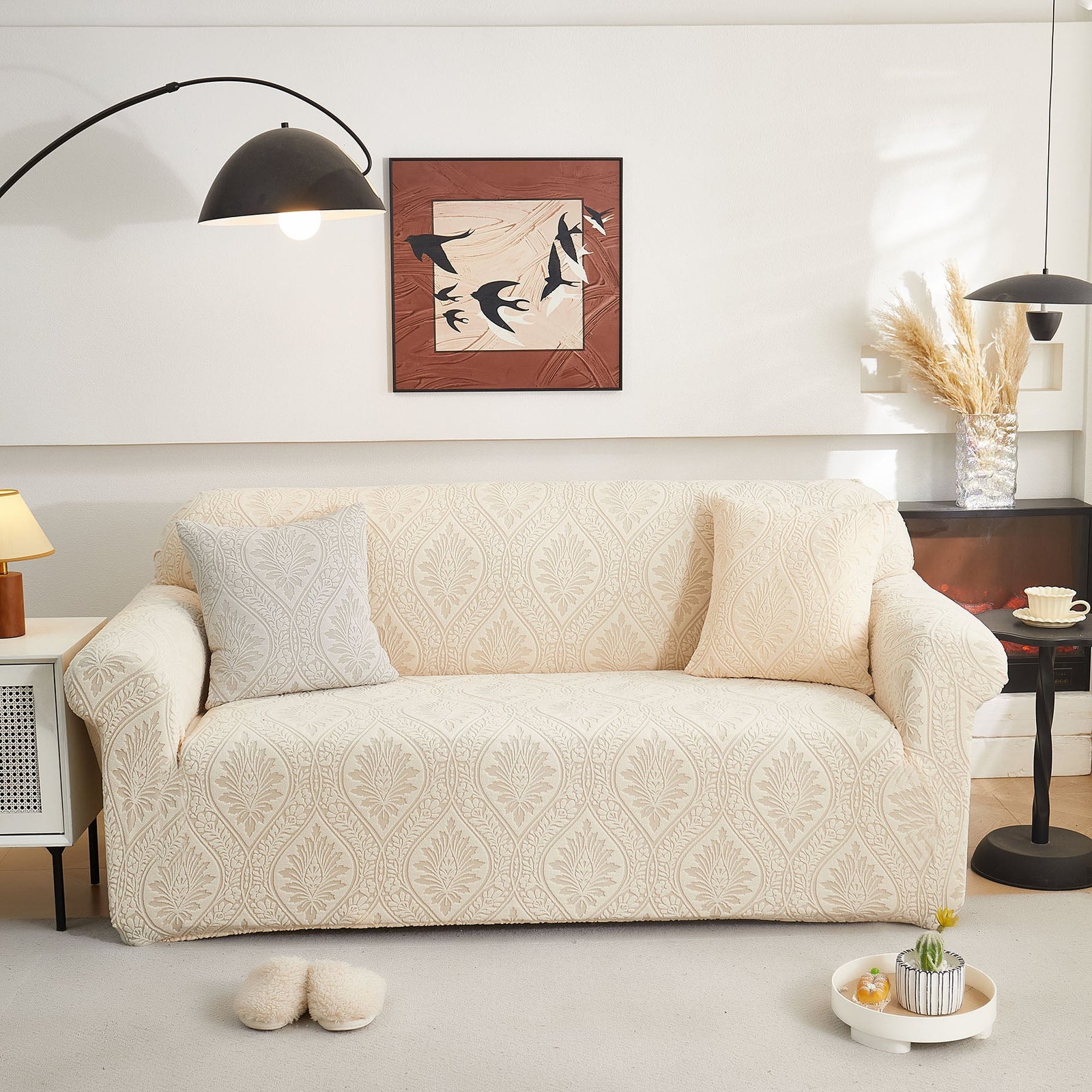 3D Baroque Floral Stretch Sofa Cover Elastic Polar Fleece Couch Slipcover with Straps