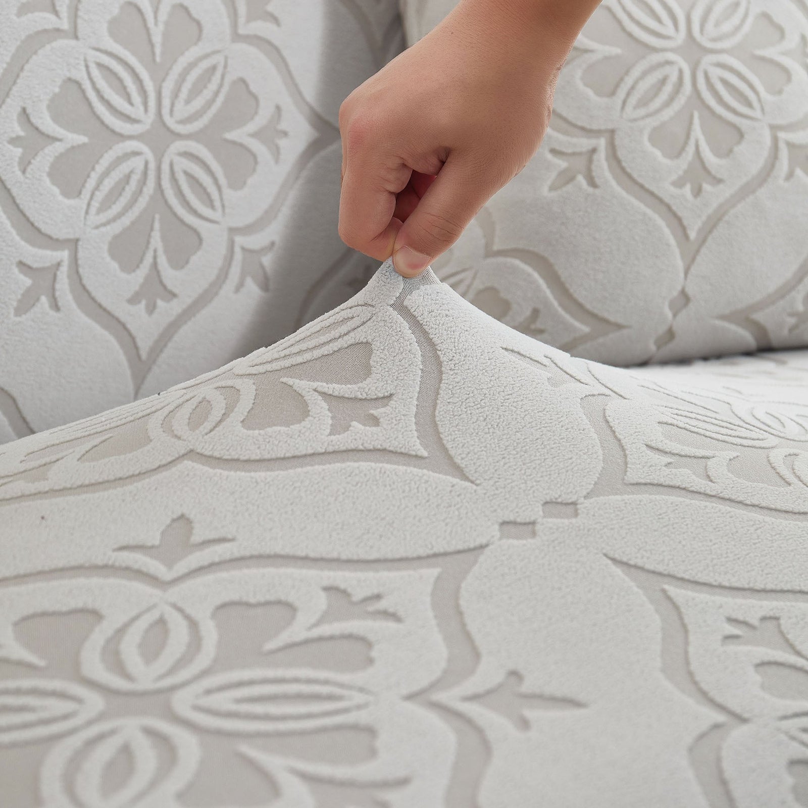 3D Damask Jacquard Stretch Sofa Cover Thick Polar Fleece Couch Slipcover with Straps