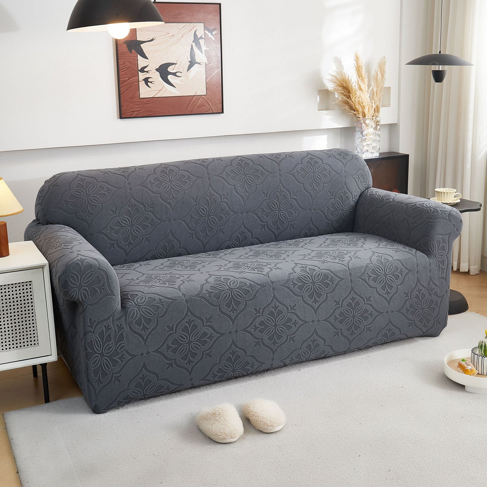 3D Damask Jacquard Stretch Sofa Cover Thick Polar Fleece Couch Slipcover with Straps