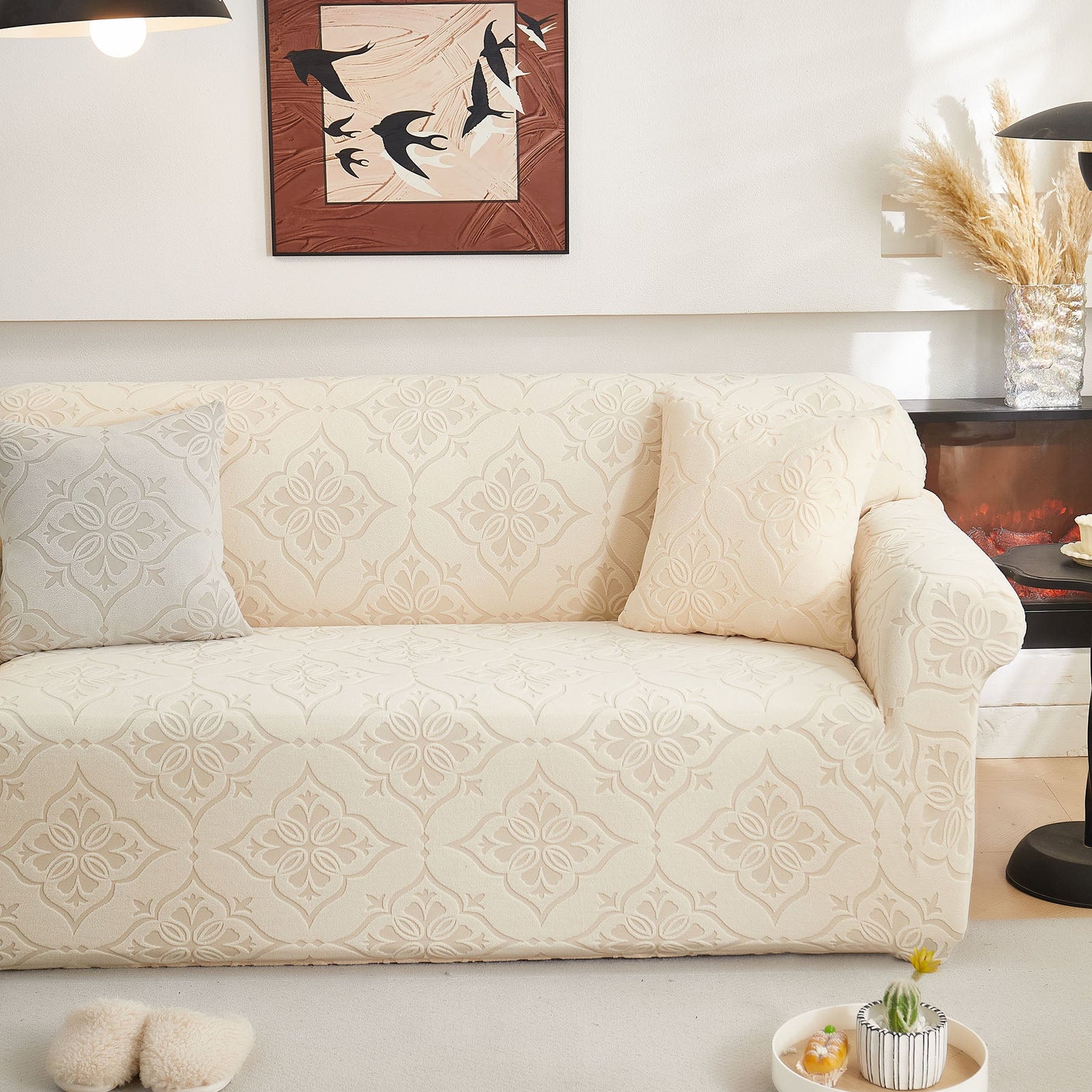 3D Damask Jacquard Stretch Sofa Cover Thick Polar Fleece Couch Slipcover with Straps