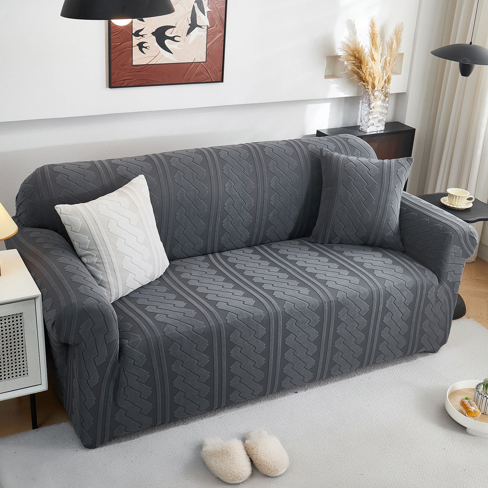 3D Embossed Geometric Couch Slipcover, Stretch Washable Non Slip Furniture Protector