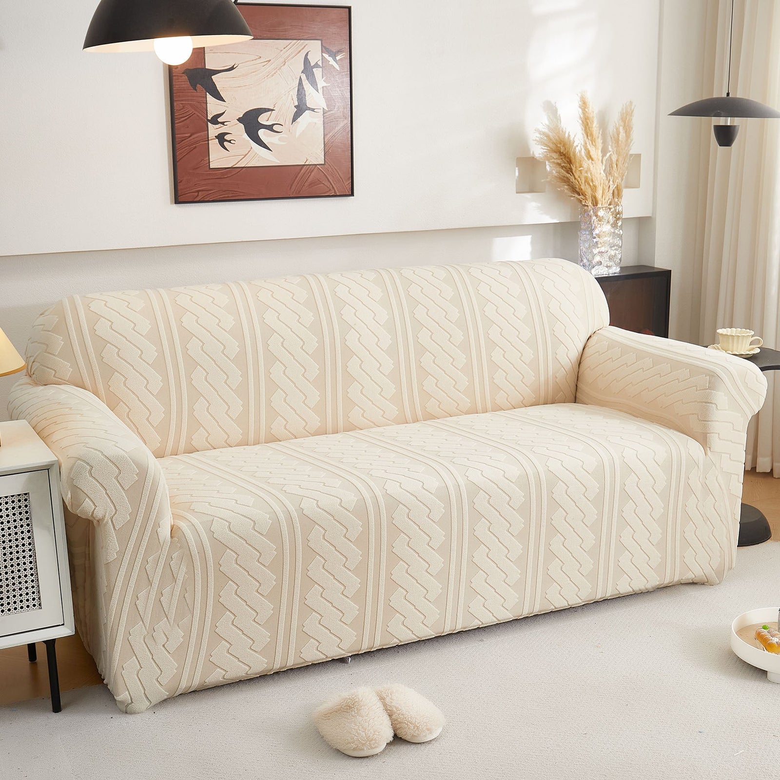 3D Embossed Geometric Couch Slipcover, Stretch Washable Non Slip Furniture Protector