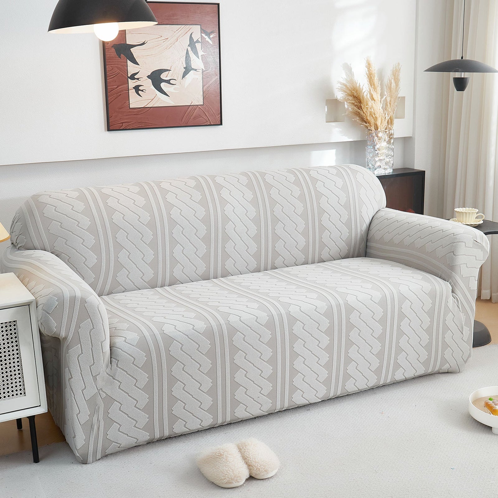 3D Embossed Geometric Couch Slipcover, Stretch Washable Non Slip Furniture Protector