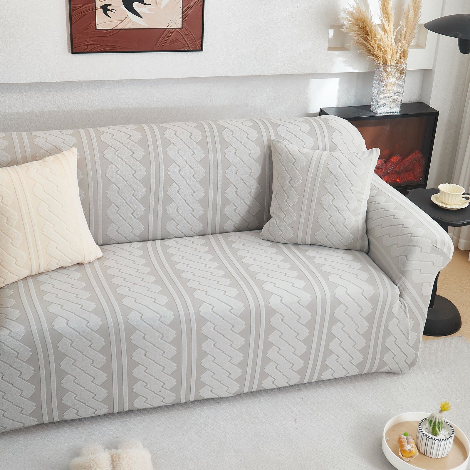 3D Embossed Geometric Couch Slipcover, Stretch Washable Non Slip Furniture Protector