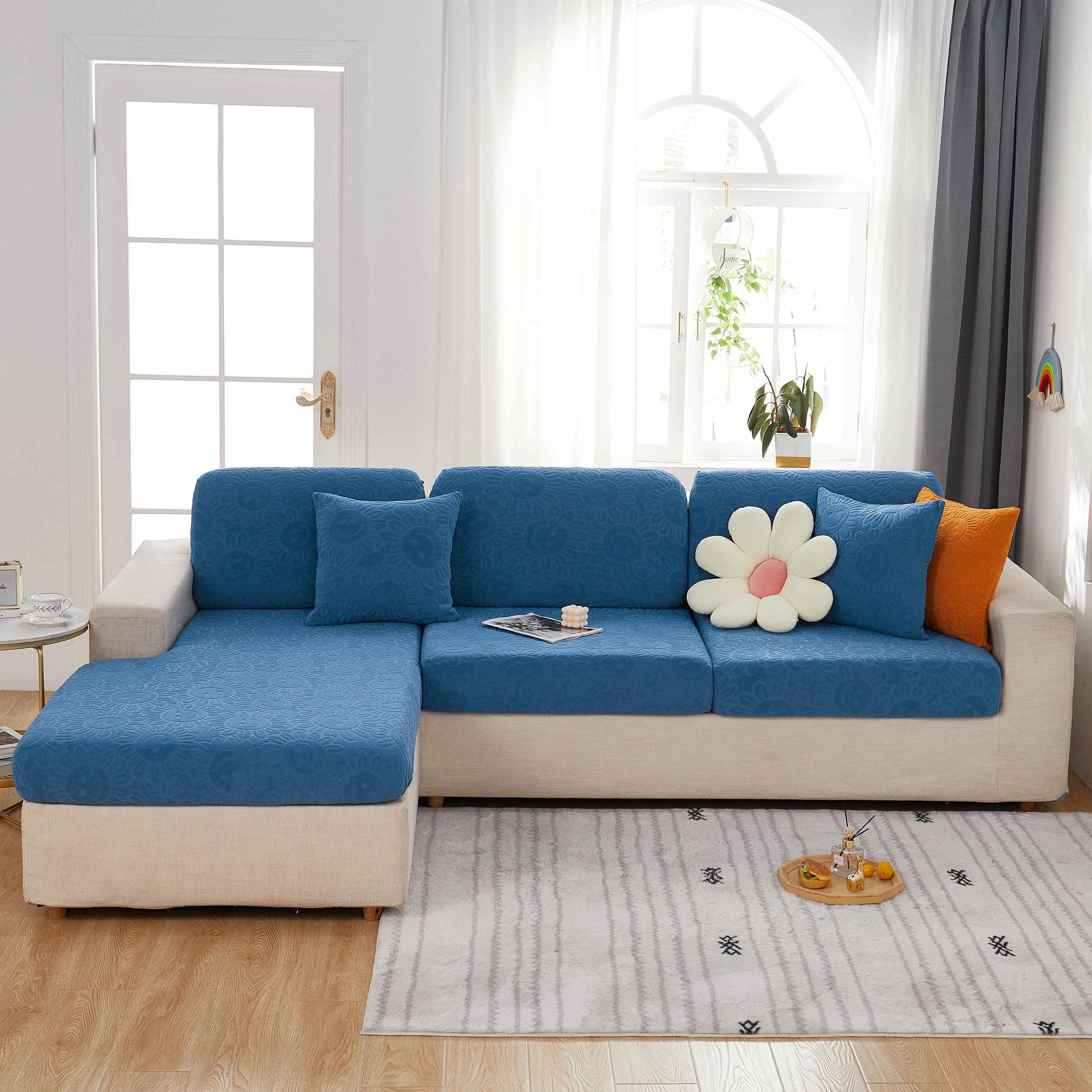 Sunflower Jacquard Fleece Stretchable Cushion Cover, Non-Slip Furniture Covers for Pets, L Shaped Couch Cushion Covers