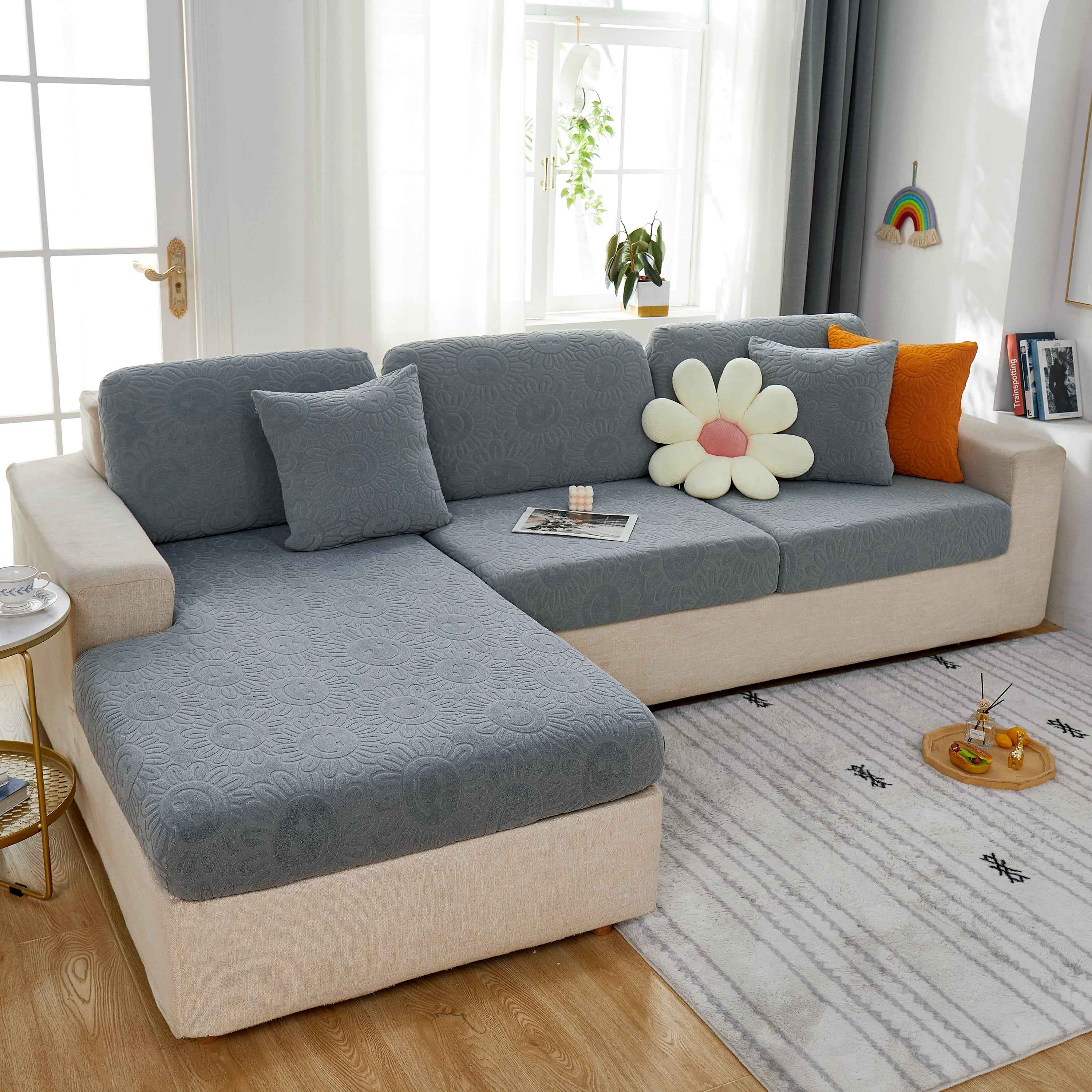 Sunflower Jacquard Fleece Stretchable Cushion Cover, Non-Slip Furniture Covers for Pets, L Shaped Couch Cushion Covers